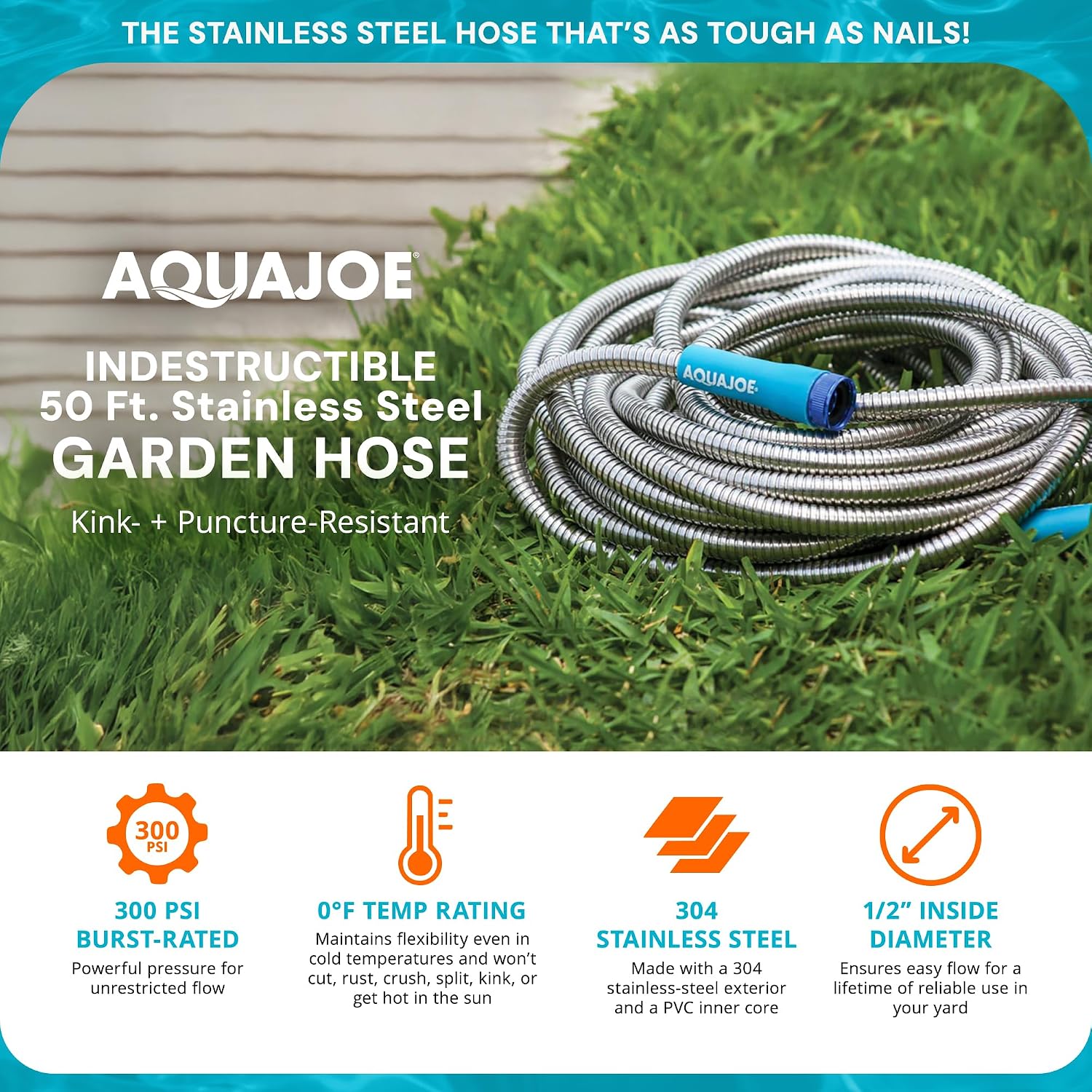 Aqua Joe 50-Foot Heavy Duty Garden Hose, Spiral 304 Stainless Steel Metal Hose, Puncture Proof, 1/2 Inch Diameter with