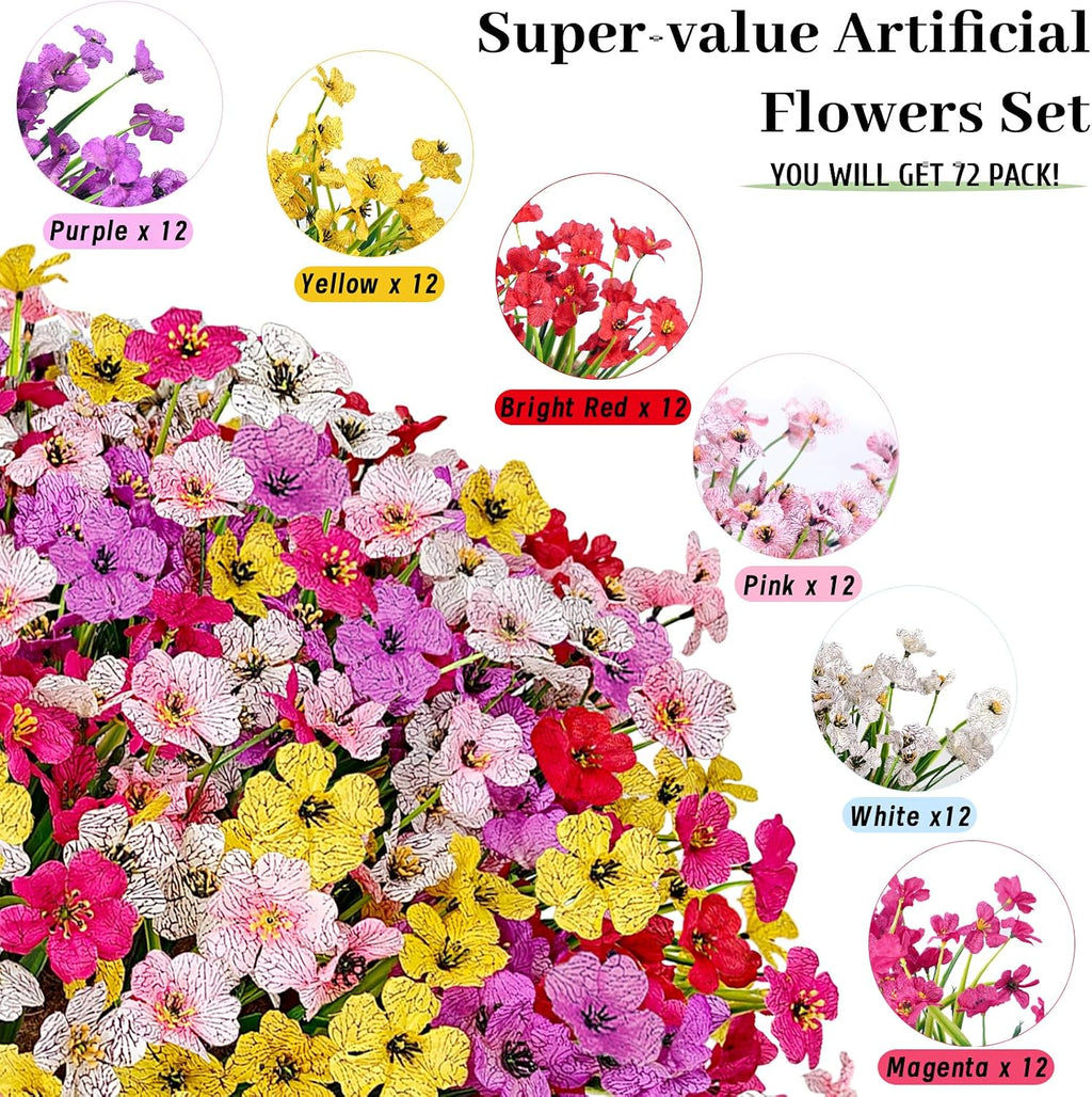 Artificial Flowers for Outdoors, 72 Bundles UV Resistant Faux Flowers No Fade Fake Plastic Plants for Outside Indoor