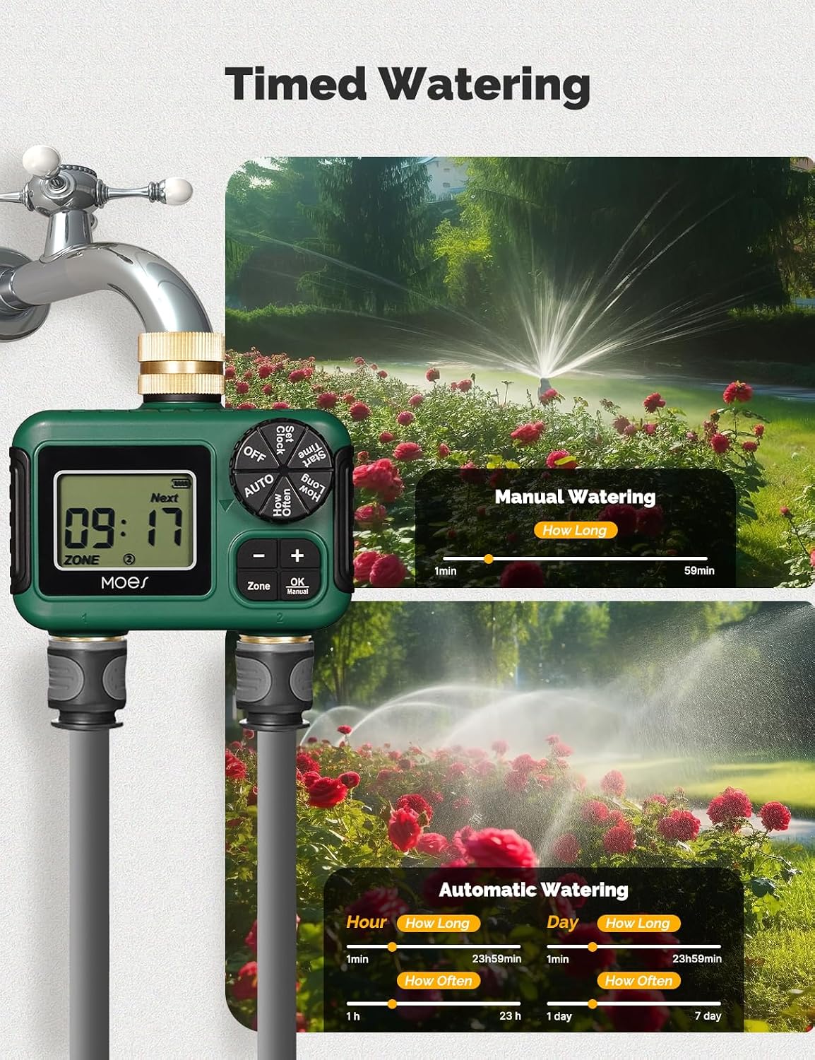 MOES 2 Zone Sprinkler Timer for Garden Hose,Brass Inlet &Outlet Water Timer | Programmable Automatic Irrigation