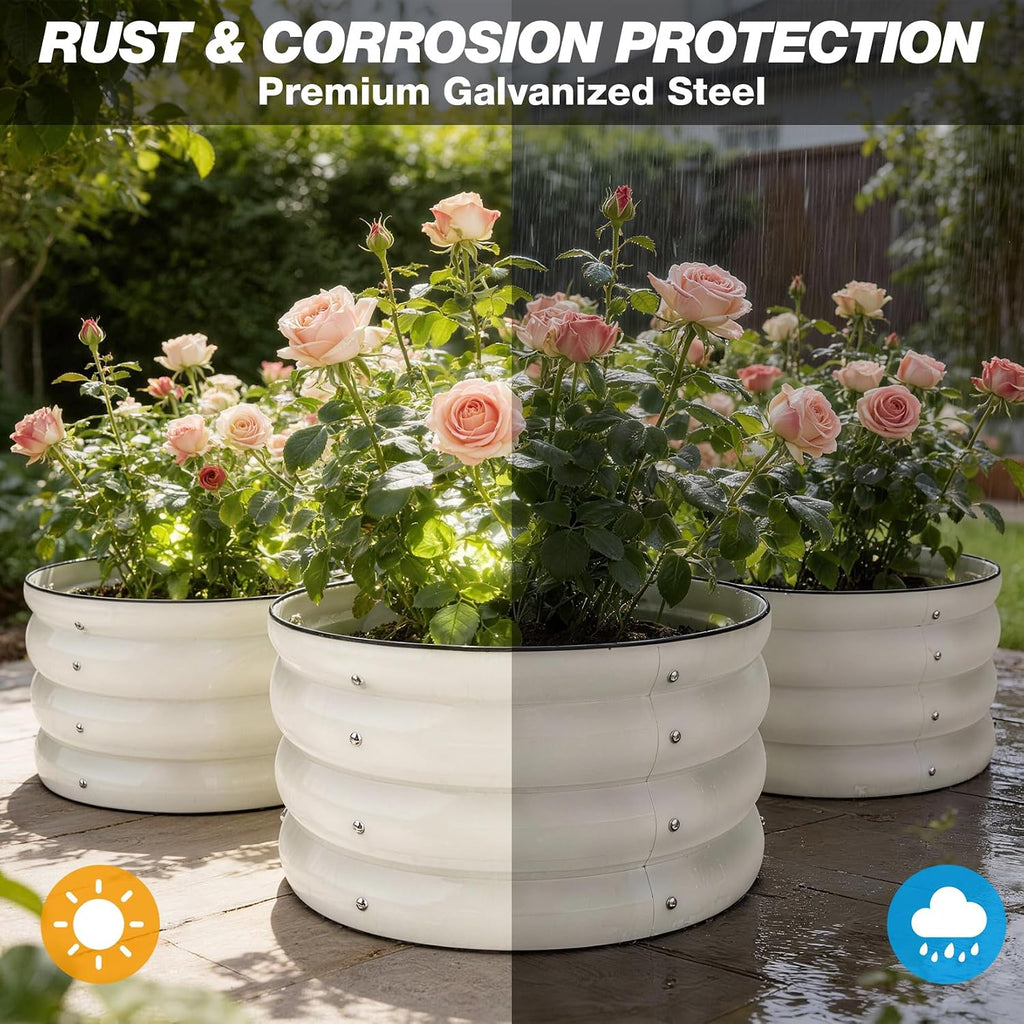SHALL 3PCs Galvanized Raised Garden Bed Kit, 2x2x1ft Round Planter Boxes Outdoor W/Mini Seed Spreader, Disk Seeder, 2X