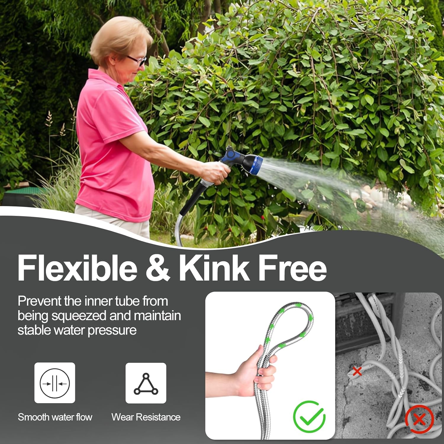 SPECILITE 50ft 304 Stainless Steel Metal Garden Hose with Nozzle | Puncture Resistant, Flexible, Never Kink & Tangle
