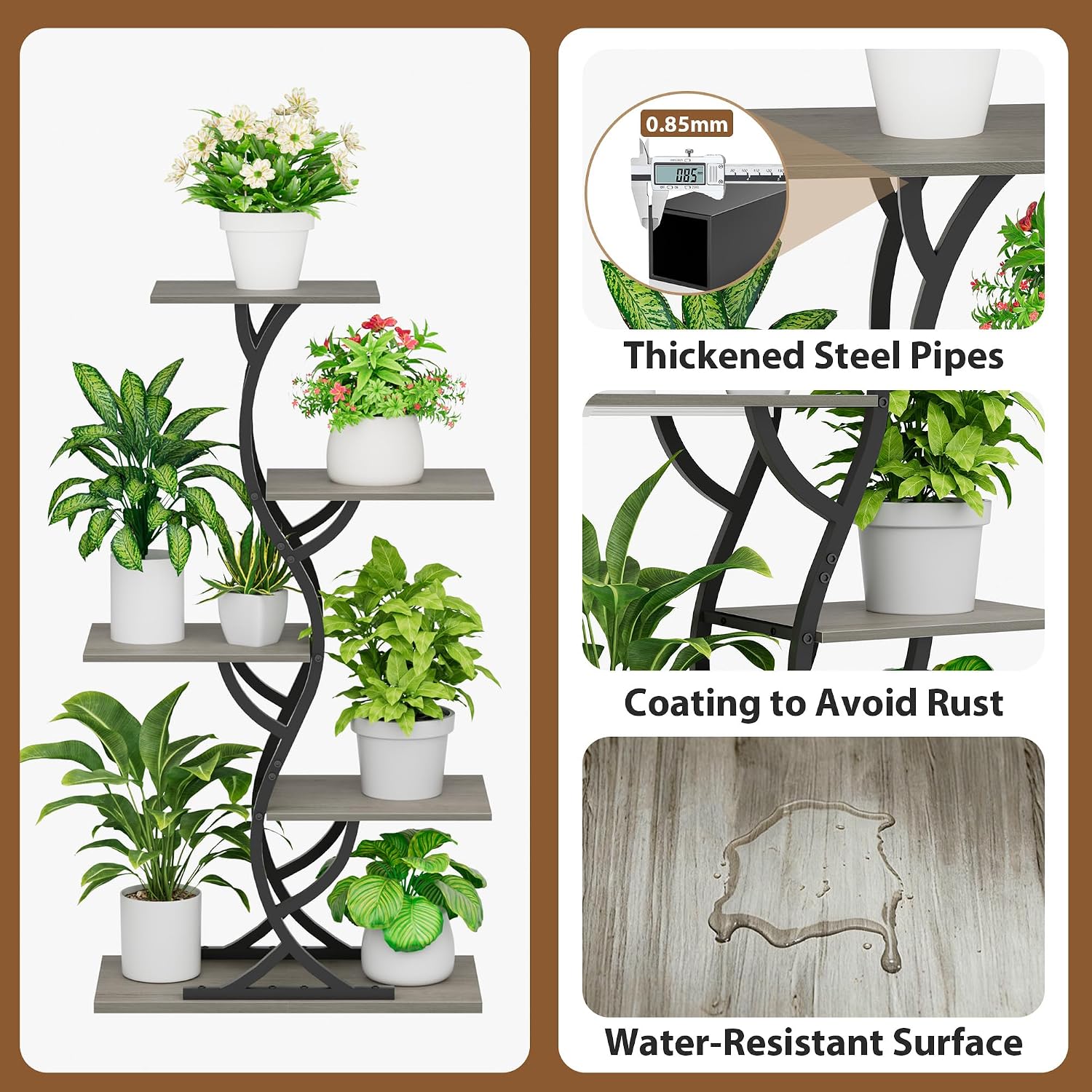 Plant Stand Indoor with Grow Lights - 5 Tiered Corner Plant Shelves (Gray) | 44" Tall Metal Plant Shelf, S-Shape