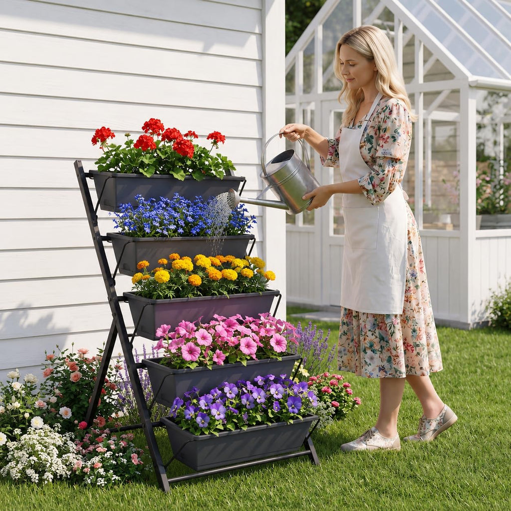 Giantex 5-Tier Vertical Garden Planter, Raised Garden Bed w/Drainage System & Removable Tray, Metal Frame Elevated