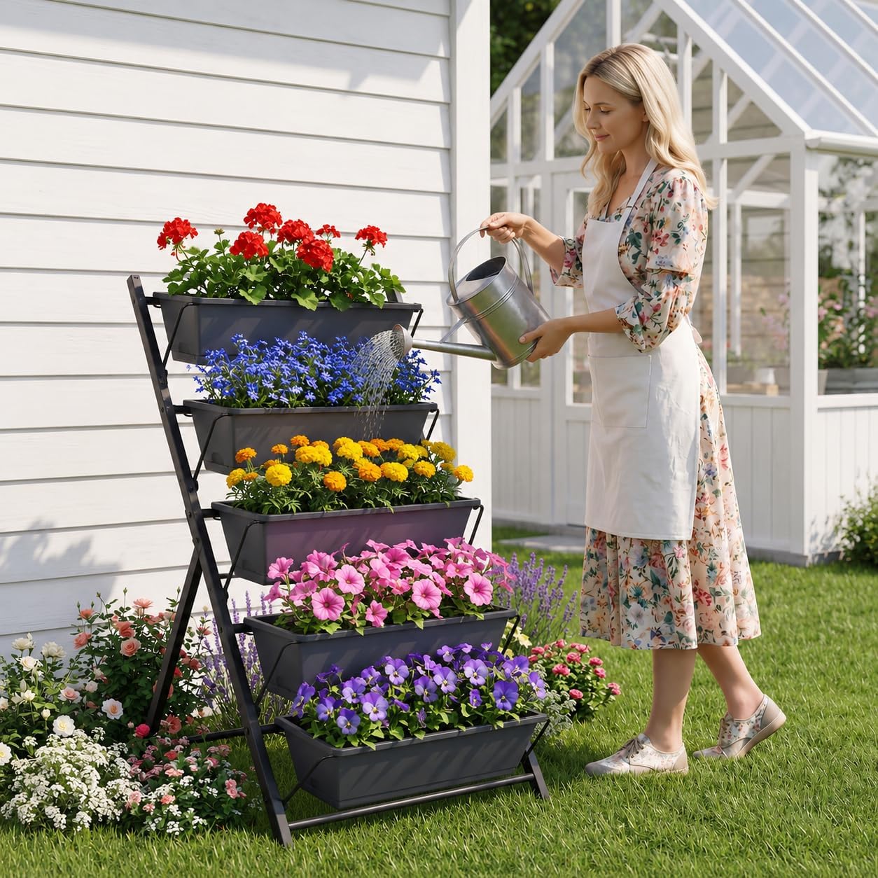 GIANTEX 5 Tier Vertical Planter Set of 2, Raised Garden Bed with Drainage Holes & Removable Trays, Metal Frame Elevated