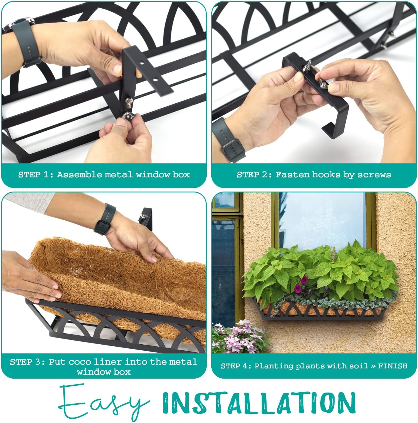 24" Hanging Window Box Basket w/Coco Liner, Black, 4-Pack | Coco Liner, Outdoor Balcony Porch Fence Patio, Home, Office