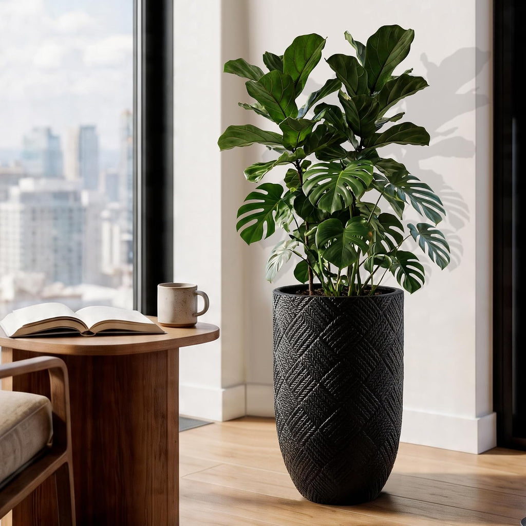 Oakrain 17.7" Tall Planter for Indoor Plants, Black Large Floor Planter | Flower Pot with Handcrafted Herringbone