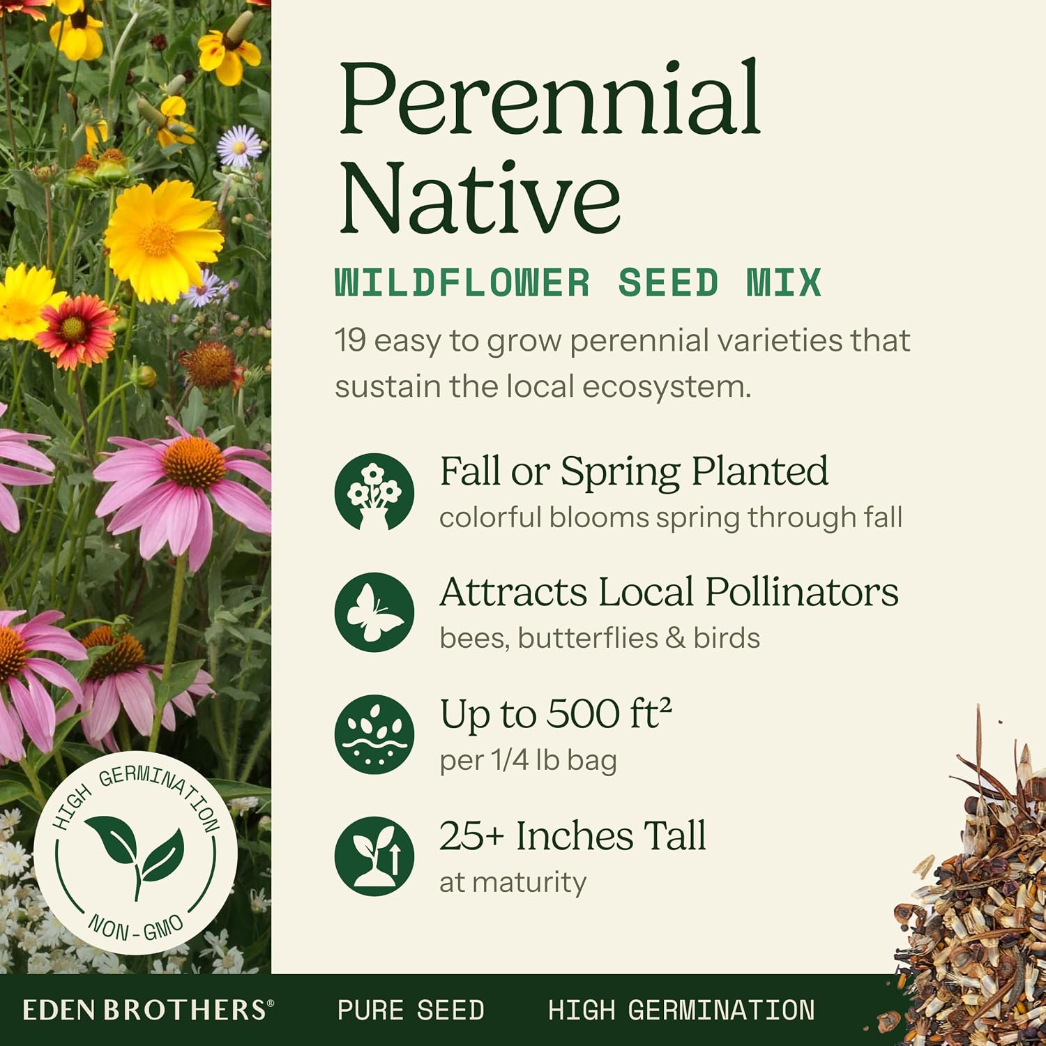 Eden Brothers Native Perennial Wildflower Seed Mix, 1/4lb, 19 Species Wild Flower Seed, 100% Pure Seed No Fillers,Bulk