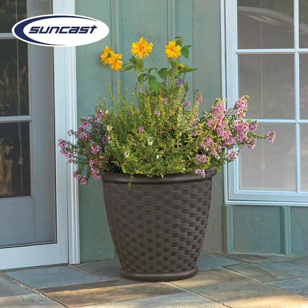 Suncast Sonora 18 Inch Lightweight Durable Plastic Wicker Decorative Flower Planter Pot for Yard, Garden, Indoor or