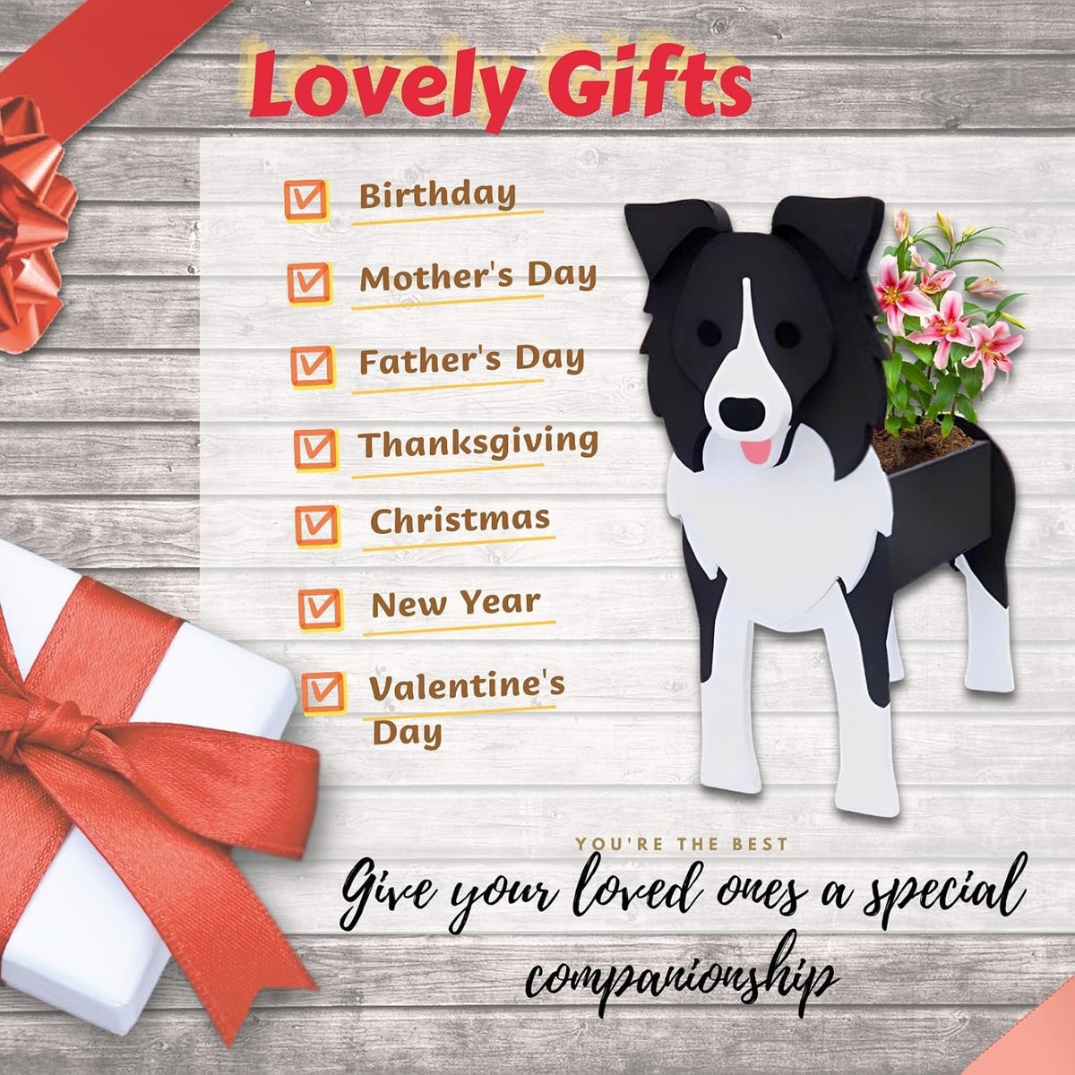 Border Collie Dog Planter Pots, Animal Shaped Flower Pot | Cute Plant Gift for Women and Pet Lovers, Indoor Outdoor