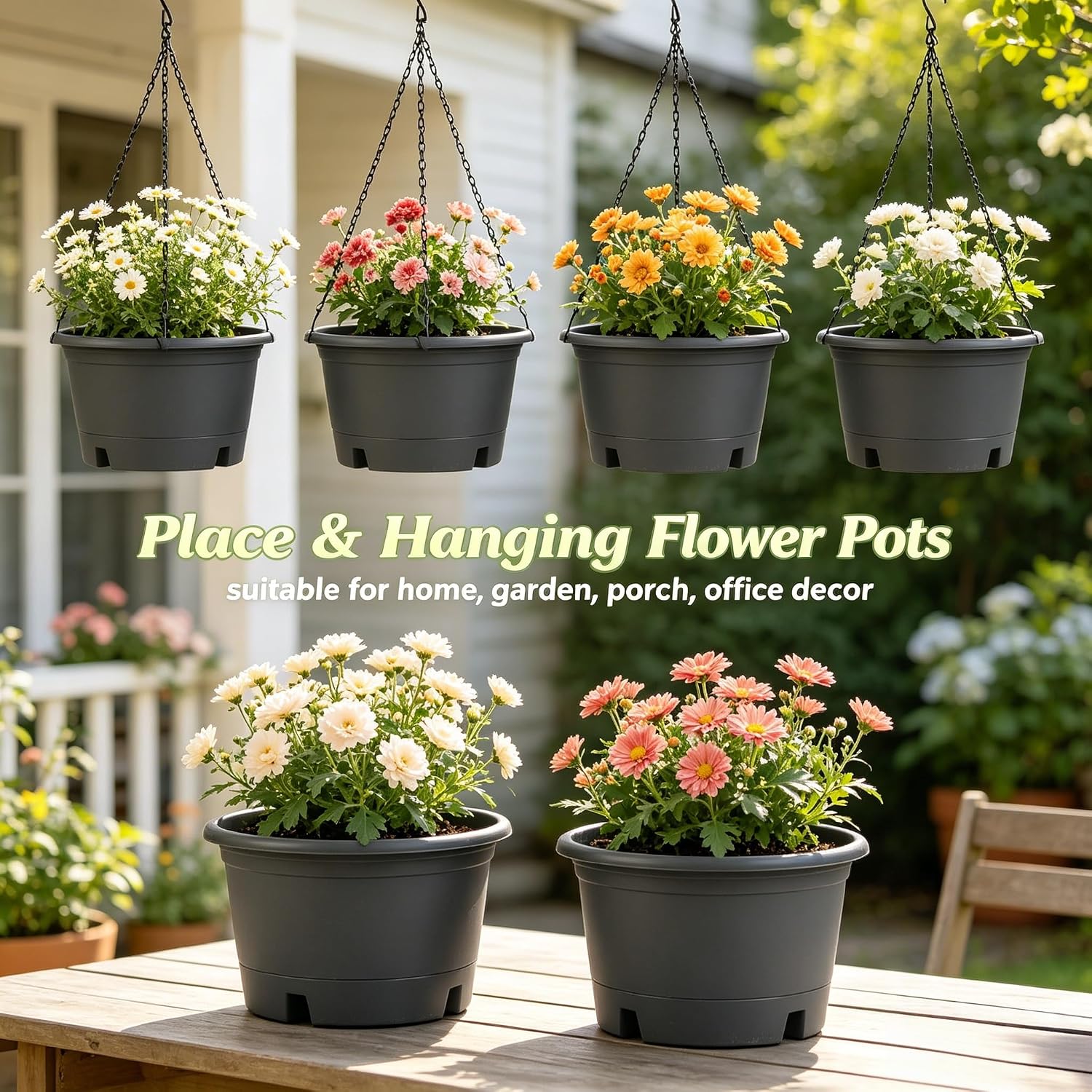 6 Pack 10 Inch Hanging Baskets for Plants Outdoor with Removable Trays | Plastic Hanging Planters with 15.7" Chain