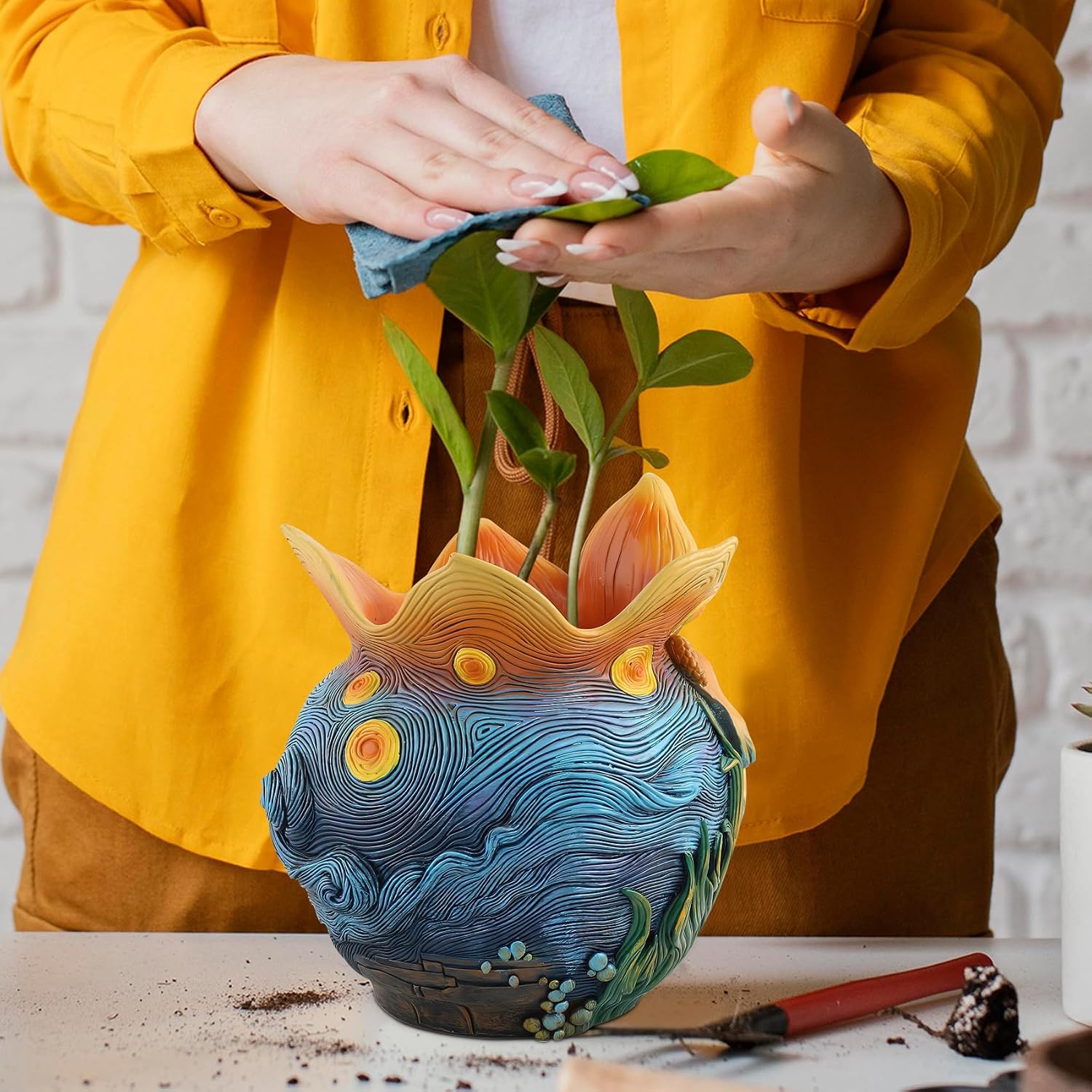 Starry Night Plant Pot - 6.8inch Unique Flower Pot | Decorative Planters for Indoor Plants with Drainage Hole, Fun