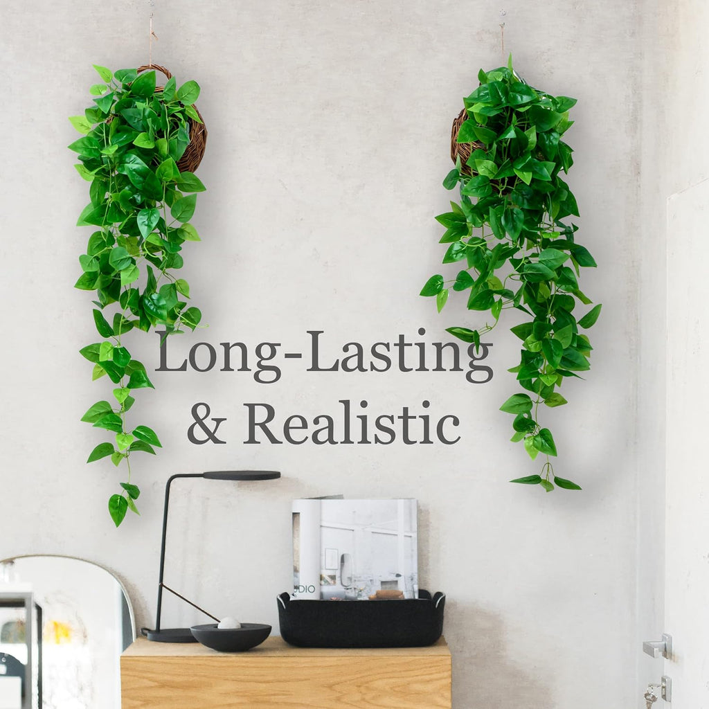 Tapeera 2-Pack Artificial Plants (with Baskets) - Ivy Vines Pothos - Outdoor & Indoor Decorations - Wall Faux Hanging