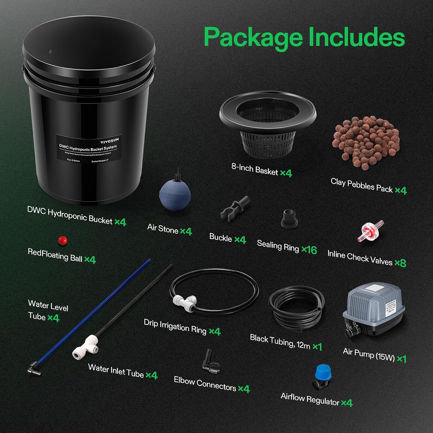 VIVOSUN DWC Hydroponics Grow System with Top Drip Kit 4 Buckets | 5-Gallon Deep Water Culture, Recirculating Drip