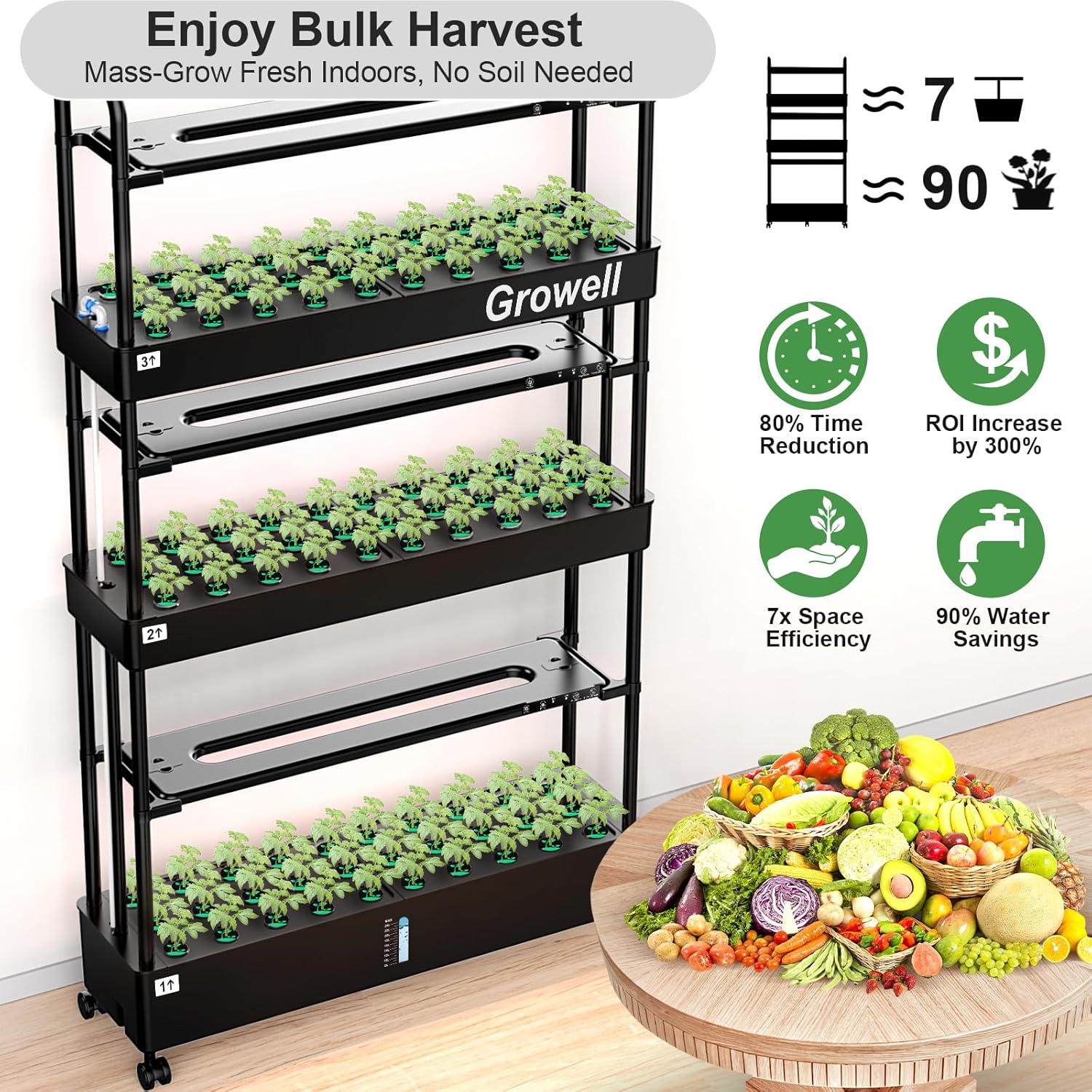 Growell Large Hydroponics Growing System Kit, 90 Pods Vertical Hydroponic Garden with 2 Light Modes Grow Light, Auto