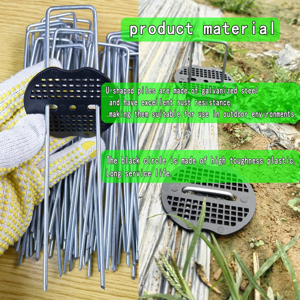 200Pcs Landscape Staples with 200 Gasket with 1Pick Hook, 6 Inch Heavy Duty Garden Stakes 11 Gauge U Shaped Galvanized
