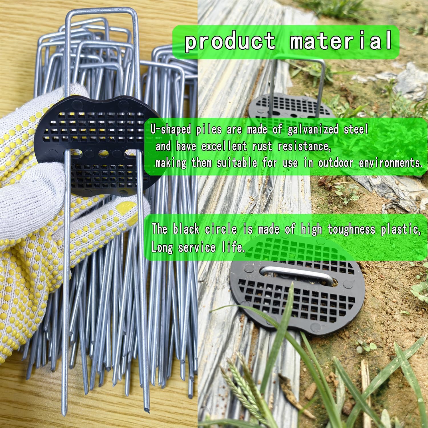 200Pcs Landscape Staples with 200 Gasket with 1Pick Hook, 6 Inch Heavy Duty Garden Stakes 11 Gauge U Shaped Galvanized