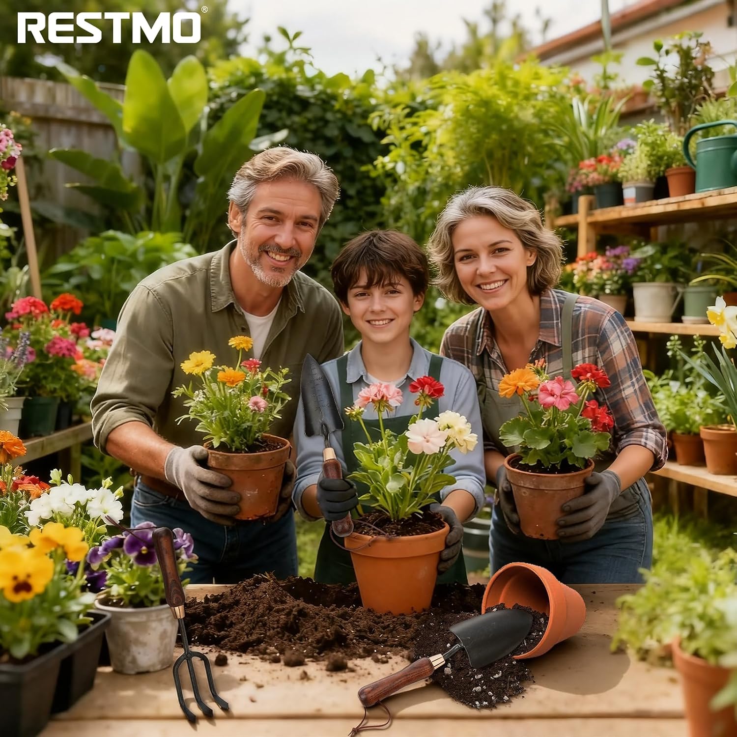 RESTMO Gardening Tools Set, 3-in-1, Carbon Steel, Wooden Handle, Brown | Heavy duty gardening tools kit. Includes