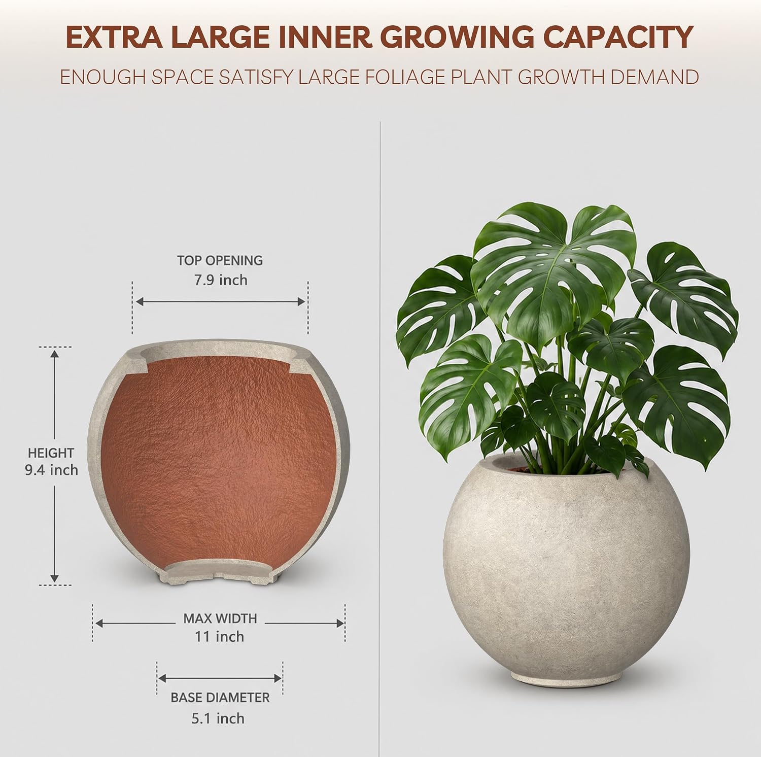 Kante Small Round Sphere Weathered Concrete Planter 11" Dia, Outdoor | Rubber Plug for Indoor, Drainage for Garden