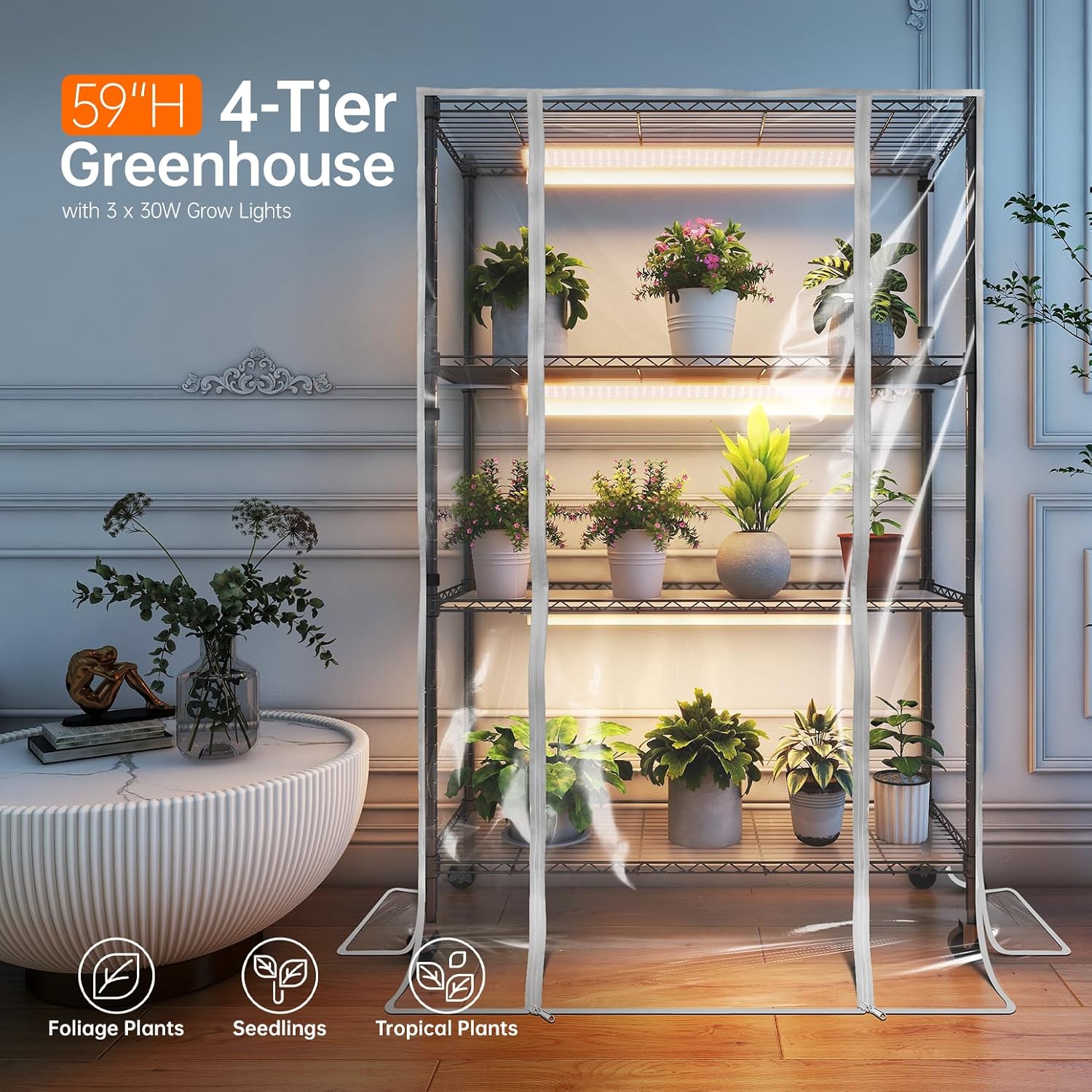 3-Tier Indoor Greenhouse with Grow Light, 35.4x13.8x59in | Indoor Greenhouse, 3-Pack Full Spectrum Plant Lights, 90W