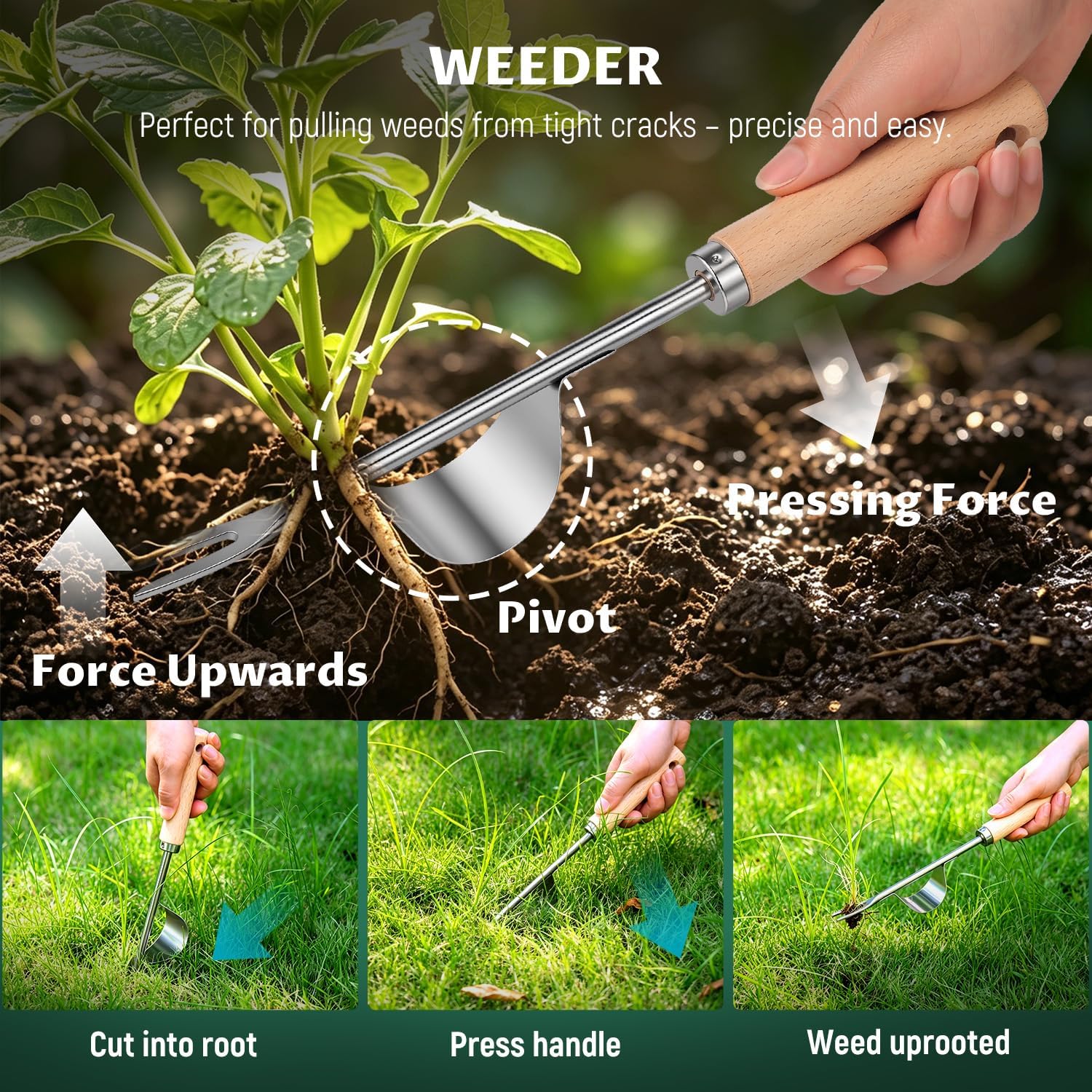 Gardening Tool Set, Heavy Duty Stainless Steel Hand Tools with Wooden Handles, Storage Tote Bag, Ergonomic Design