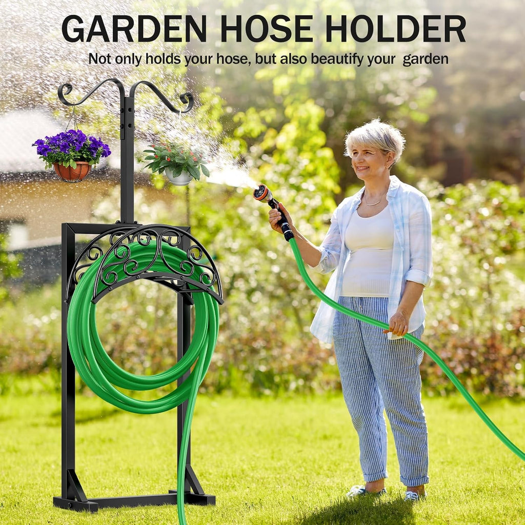 Garden Hose Holder for Outside - Upgraded Water Hose Holders with 5 Spikes & 2 Shepherds Hooks, Freestanding Hose Stand