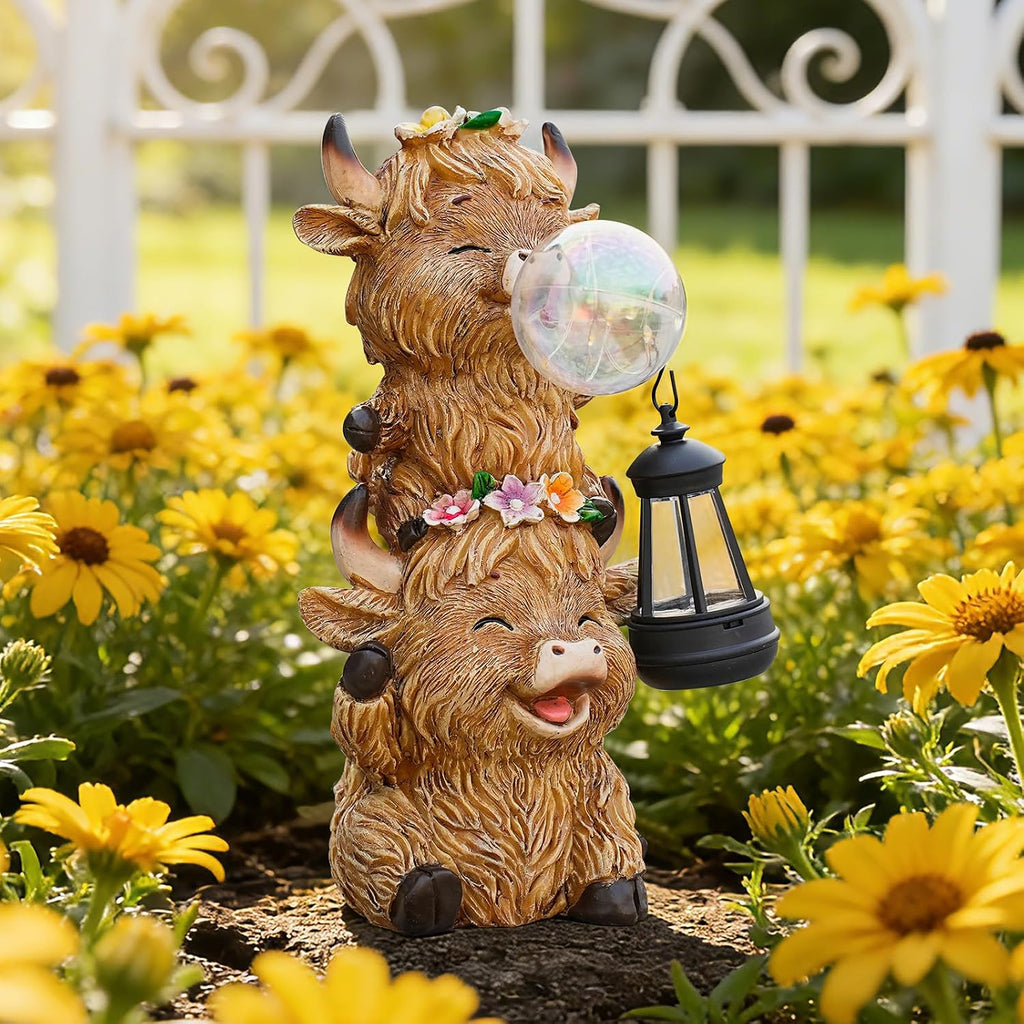 Outdoor Resin Highland Cow Garden Statue | Cute Cow Decoration with Glowing Lantern & Light-Up Bubble, Waterproof Yard