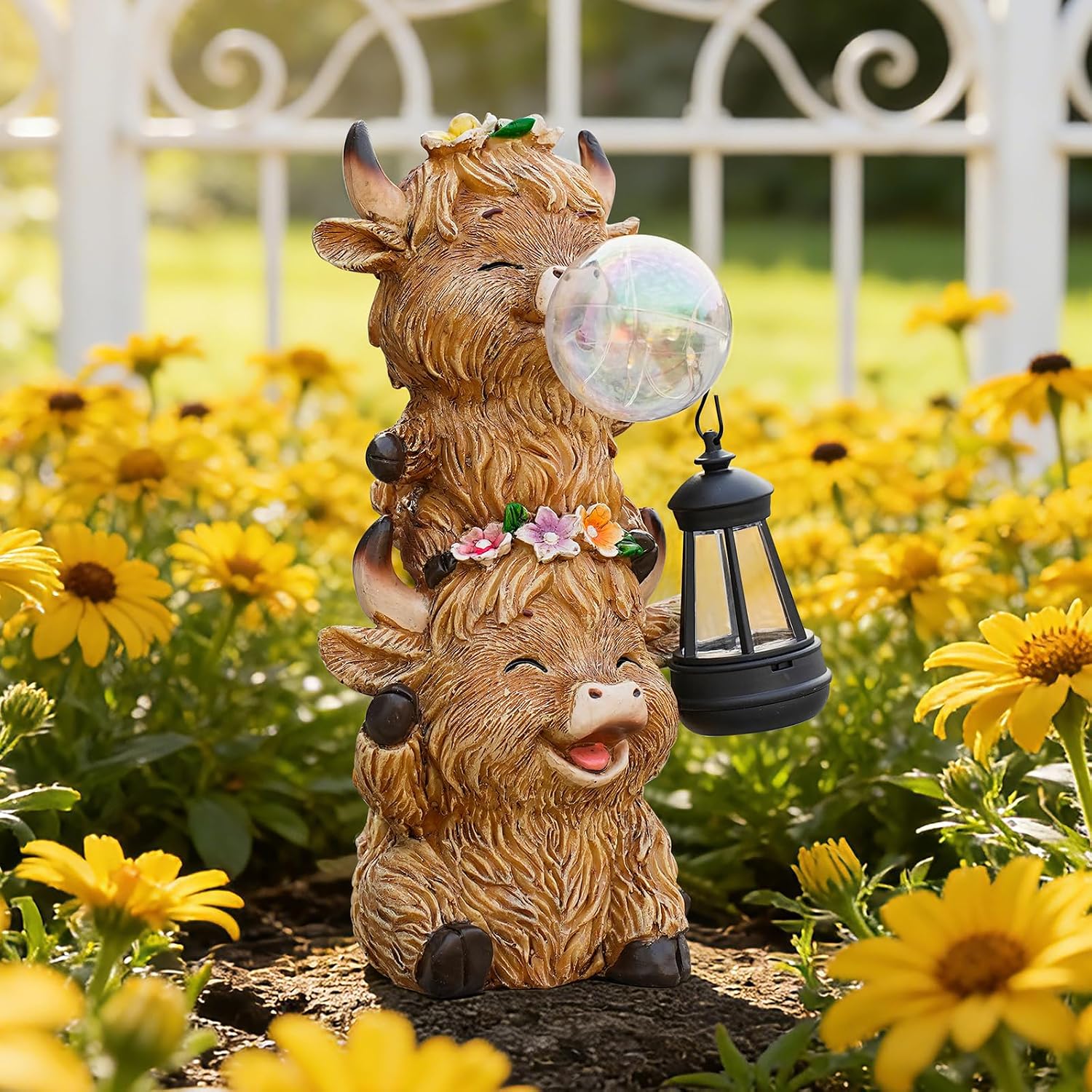 Outdoor Resin Highland Cow Garden Statue | Cute Cow Decoration with Glowing Lantern & Light-Up Bubble, Waterproof Yard