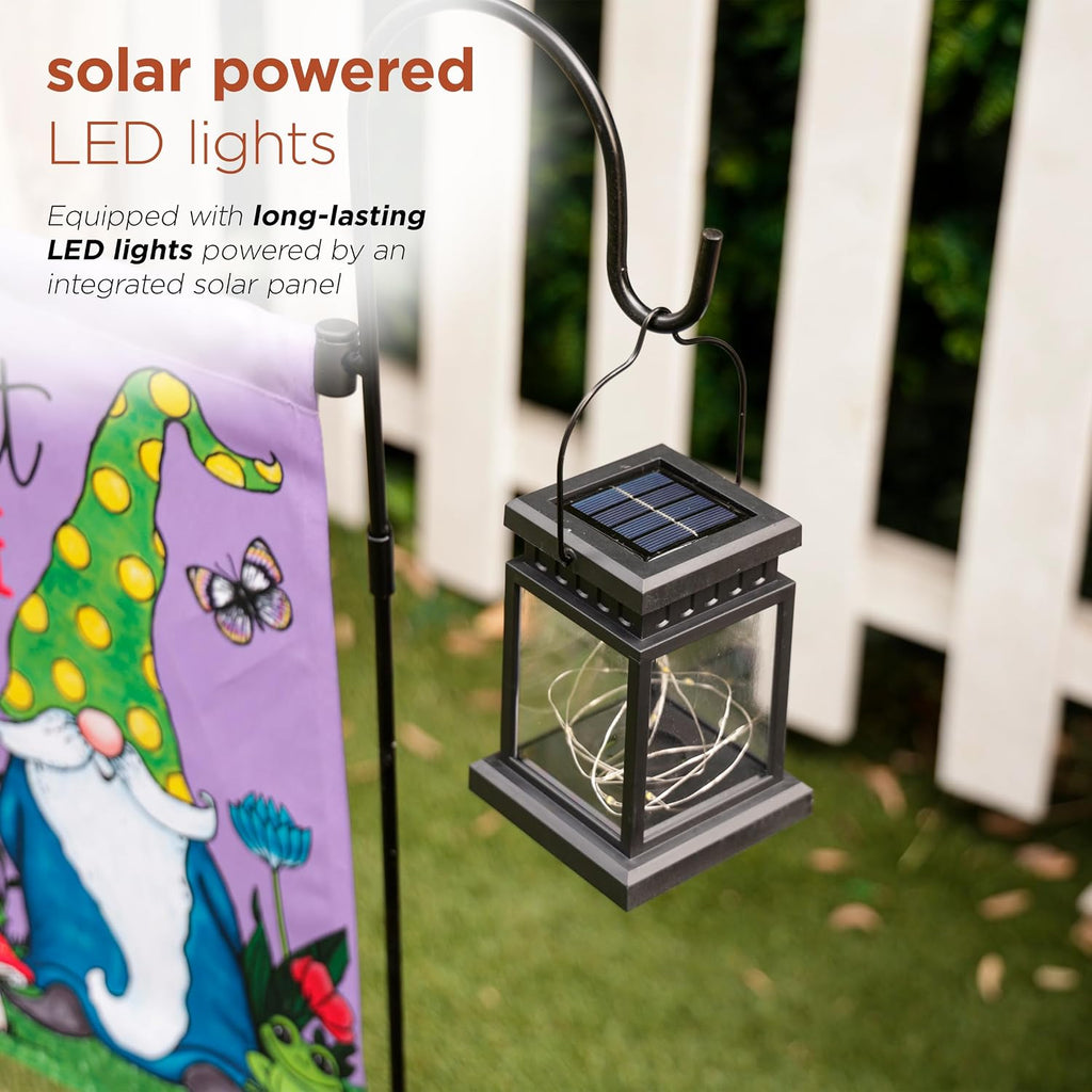 Alpine Corporation 3.4 Feet Tall Outdoor Metal Flag Holder Stake with Solar Powered Lantern and Warm White LED Lights