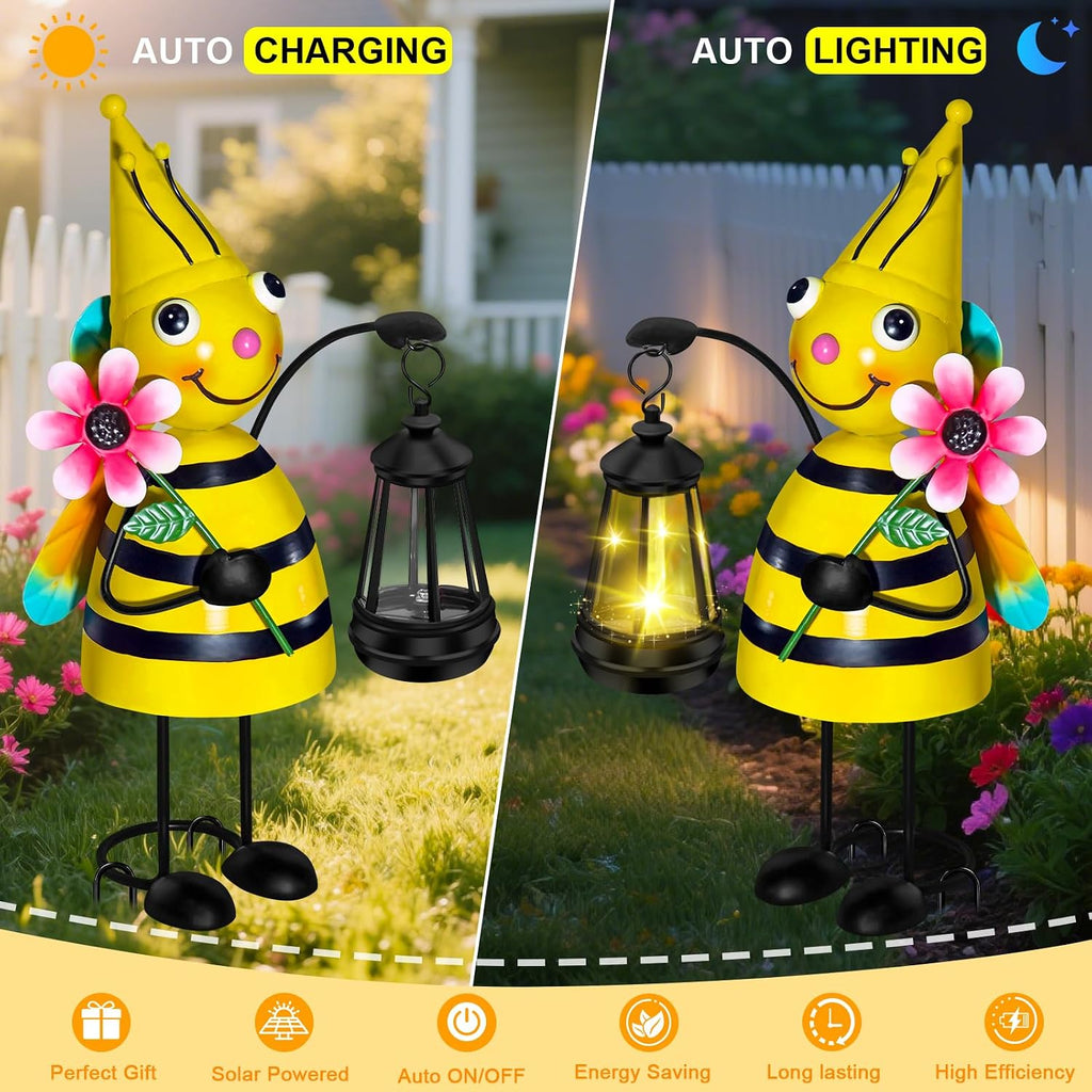 Solar Metal Bee Garden Statue with Lantern, Outdoor Garden Decor Figurine | Hand-Painted IP65 Waterproof Metal Craft