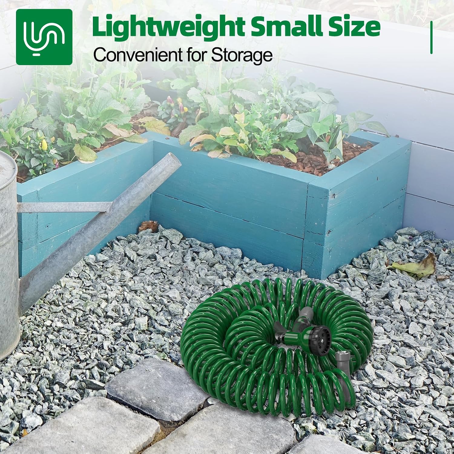 SPECILITE 3/8" Lightweight Coil Garden Hose 75 FT, EVA Flexible Water Hose | Curly Pipe with 6-Pattern Spray Nozzle for