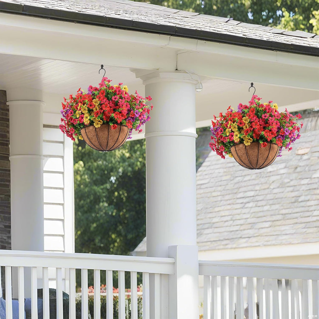 Hananona 2 Set Artificial Outdoor Flowers with Hanging Basket, 2 Hanging Planters with 24 Pcs Flowers for Spring Summer