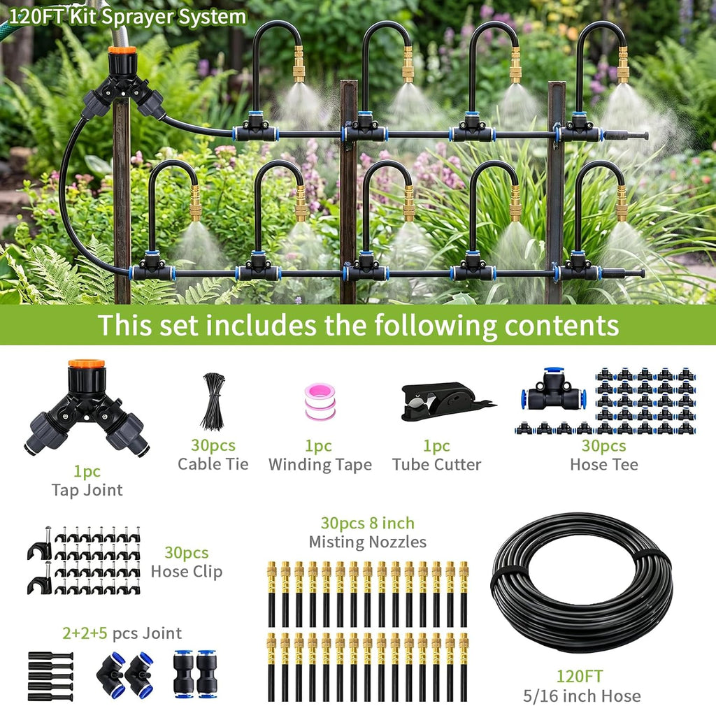 120FT Sprayer Irrigation System, Drip Irrigation Kit with 30 PCS 360° Adjustable Misting Copper Nozzles for Garden