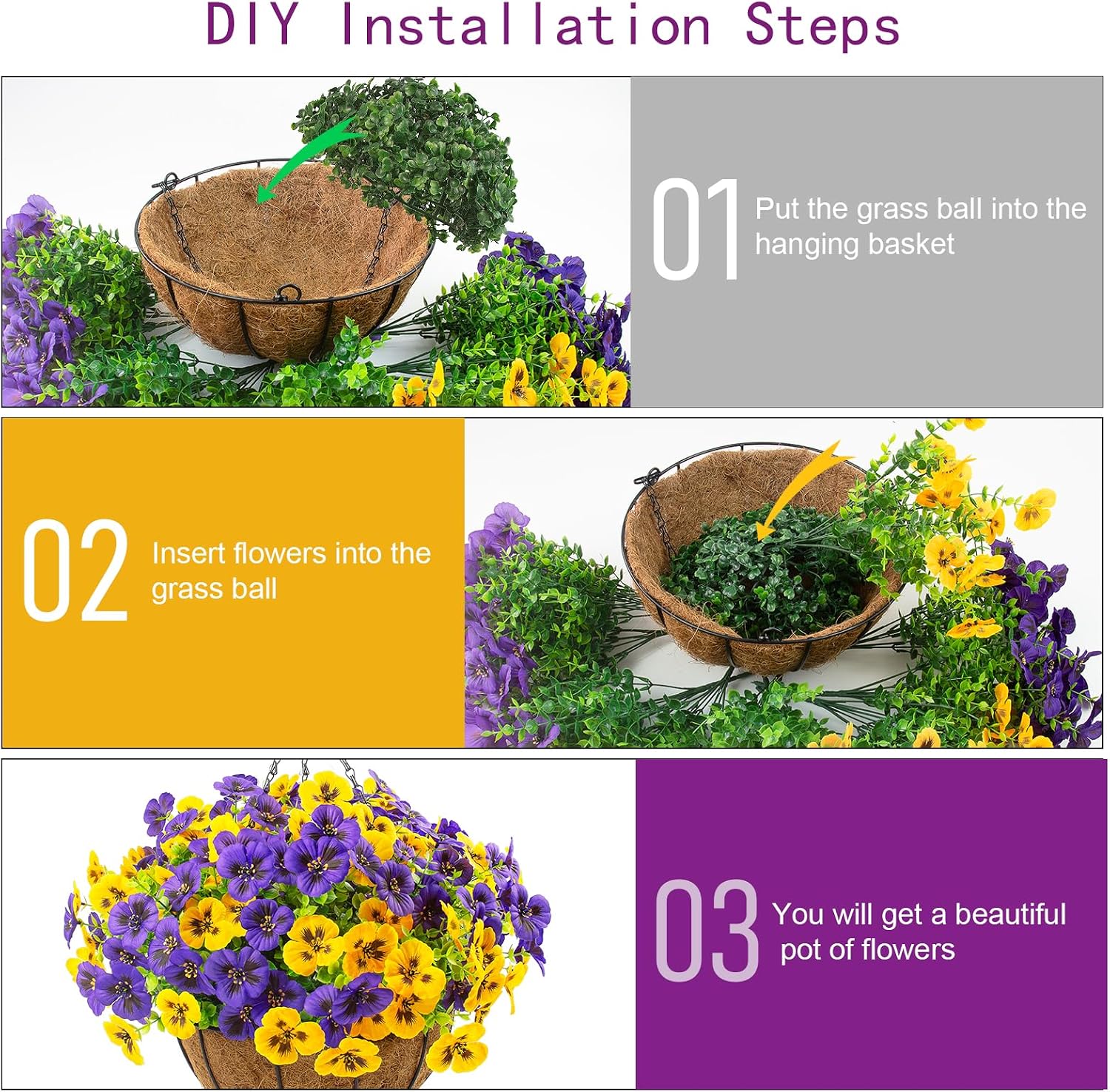 lovemoon 2 Sets Artificial Hanging Flowers with Baskets, 24 Pcs UV Resistant Faux Silk Pansies Outdoor Flower Pots for
