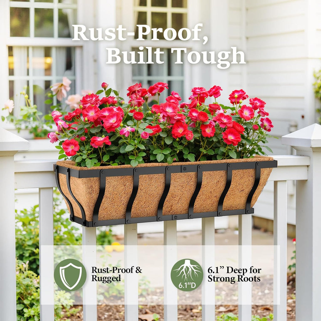VOXOR Railing Planter Boxes, Heavy Duty Window Box Planters, Adjustable Balcony Planters for Railing Hanging, with Coco