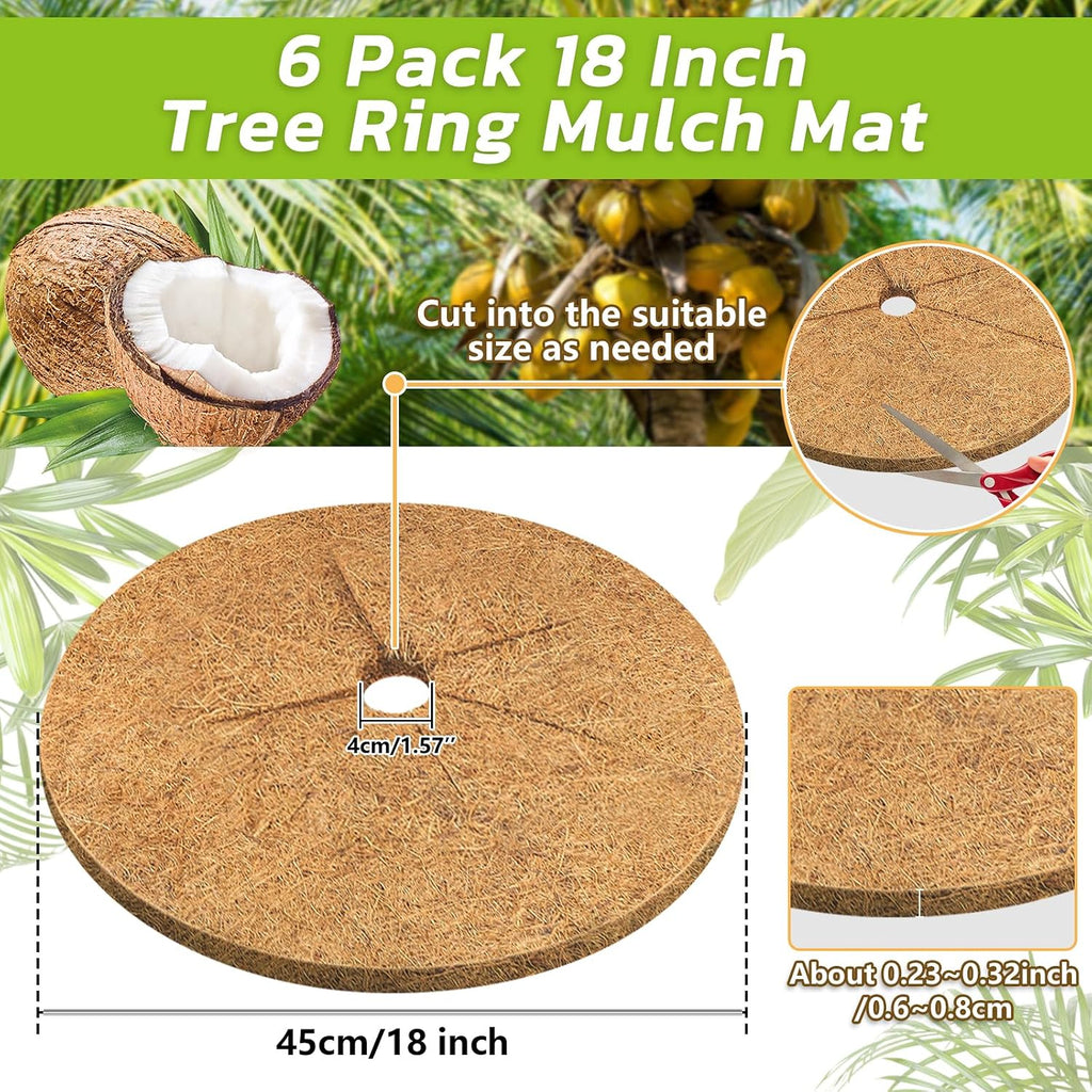 6 Pack Coconut Fiber Mulch Ring Tree Plant Protector Mat, 18 Inch | Natural Coco Coir Tree Mulch Ring Plant Pot Soil