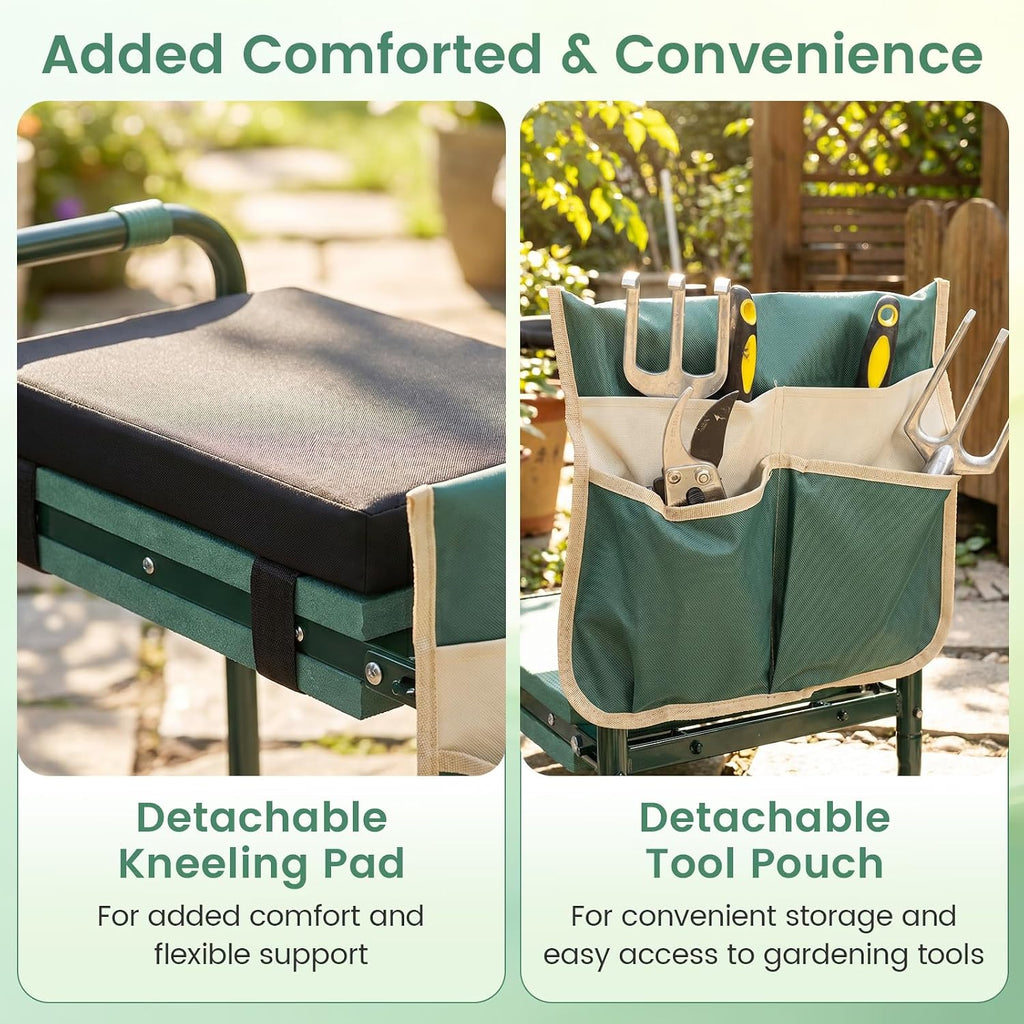 2-in-1 Garden Kneeler and Seat, Folding Garden Seat w/EVA Foam Kneeling Pad & Removable Tools Pouch, Sturdy Steel