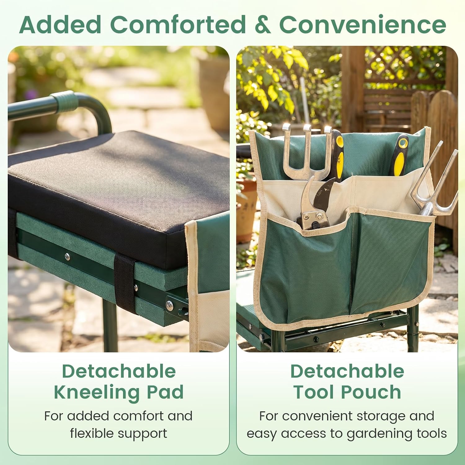 2-in-1 Garden Kneeler and Seat, Folding Garden Seat w/EVA Foam Kneeling Pad & Removable Tools Pouch, Sturdy Steel