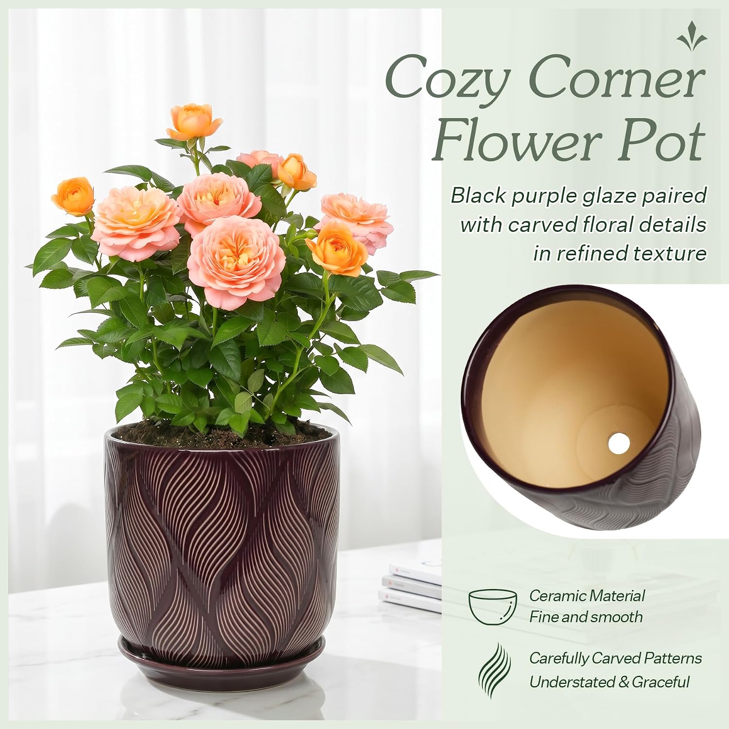 Ceramic Glaze Plant Pot Set 7.2+5.8 Inch Planter with Drainage Hole,Mesh Net,Saucer,for Indoor Outdoor (Leaf-Dark