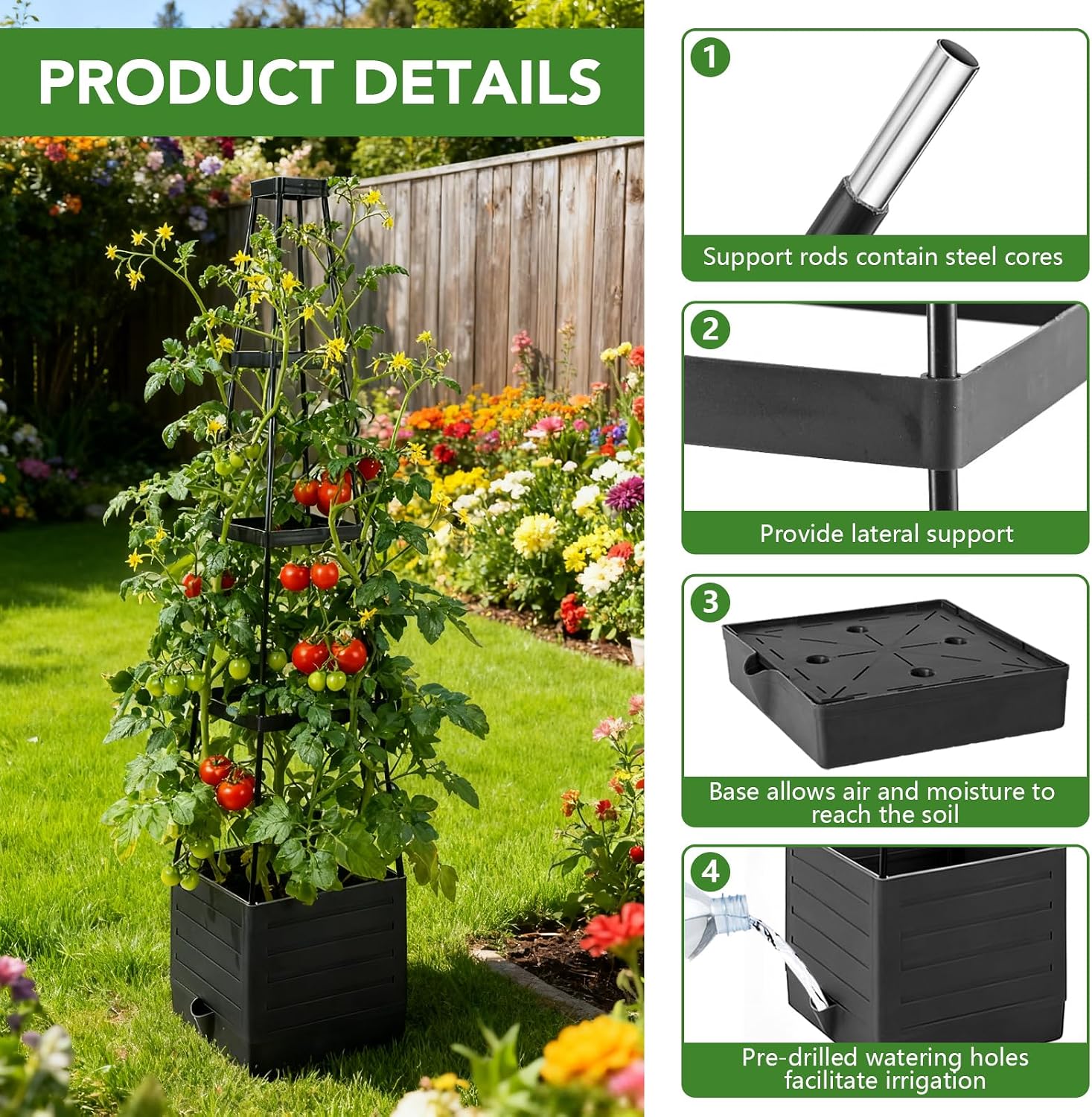 2 Pack Raised Garden Bed Planter Box with Trellis, 57'' Self Watering Tomato Planters for Climbing Plants, Tomato Cage