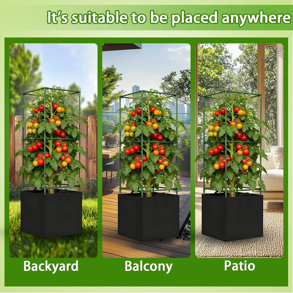 Tomato Cages for Garden, Tomato Planter with Trellis, 48in Tall Square Tomato Trellis with 18 Gallon Grow Bags, Patio &
