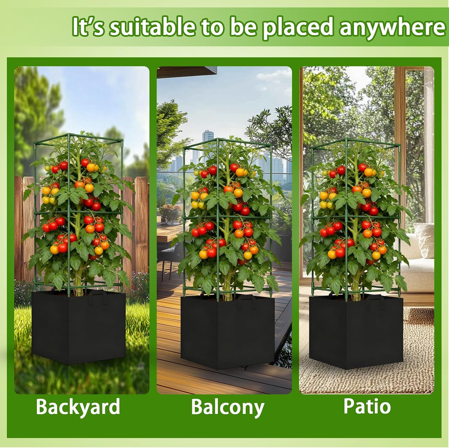 Tomato Cages for Garden, Tomato Planter with Trellis, 48in Tall Square Tomato Trellis with 18 Gallon Grow Bags, Patio &