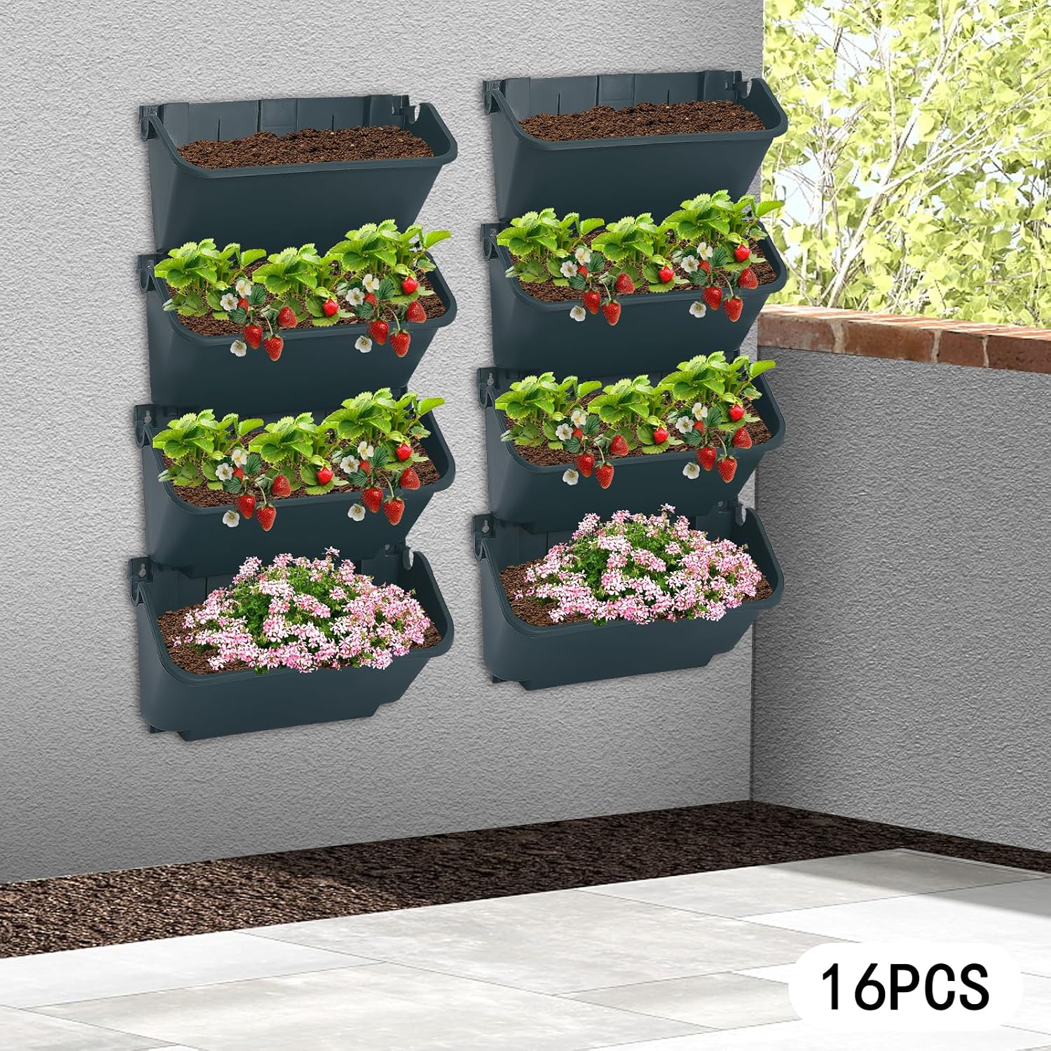 Vertical Wall Planter with 16 Pots, Hanging Garden Plant Flowerpot Holder, Stackable Wall-Mounted Planter, Balcony