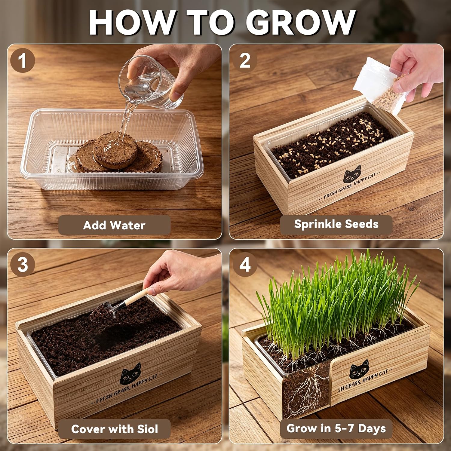 Cat Grass Kit for Indoor Cats Non-GMO Wheatgrass Seeds Growing Set | Wooden Planter with Liner, x6 Seed Packs & Coconut
