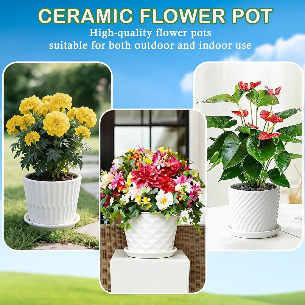 sietpoek 5.5” Ceramic Plant Pots with Drainage and Saucer 4PCs White | White Ceramic Flower Pots with Drainage Hole and
