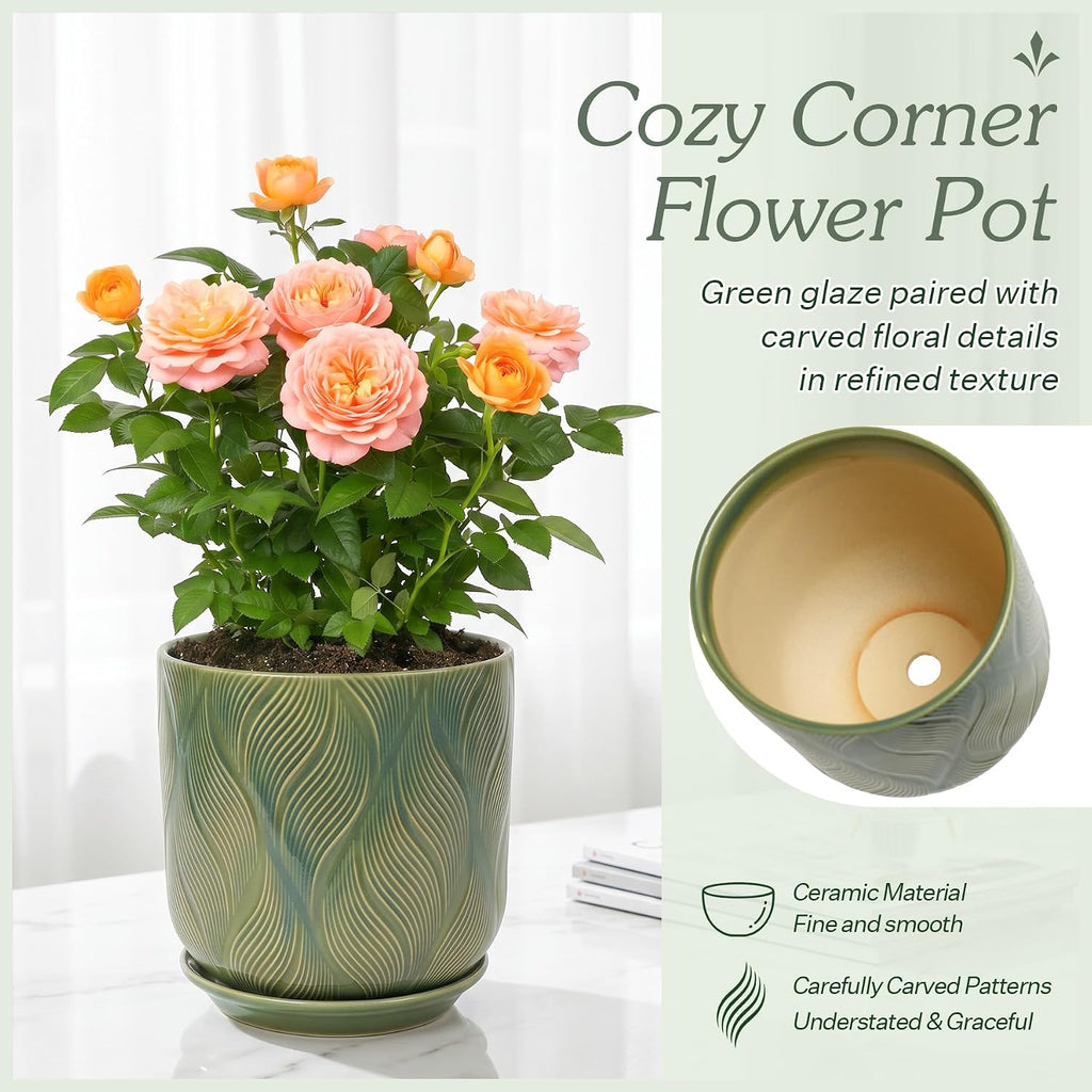 Ceramic Glaze Plant Pot Set 7.2+5.8 Inch Planter with Drainage Hole,Mesh Net,Saucer,for Indoor Outdoor (Leaf-Green)