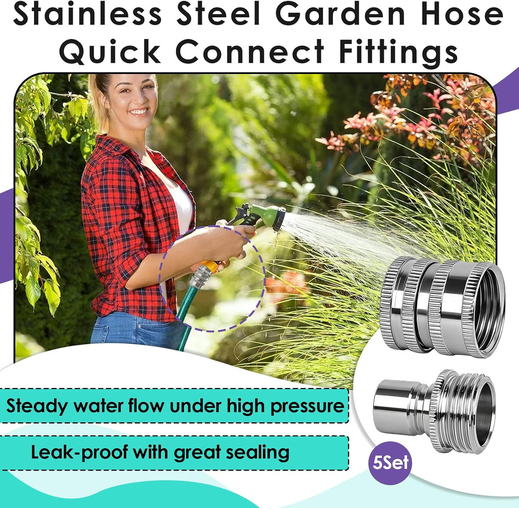5 Set 3/4 Inch Stainless Steel Garden Hose Quick Connect Fittings Kit | 3/4 Inch GHT Water Hose Fittings, Quick Release