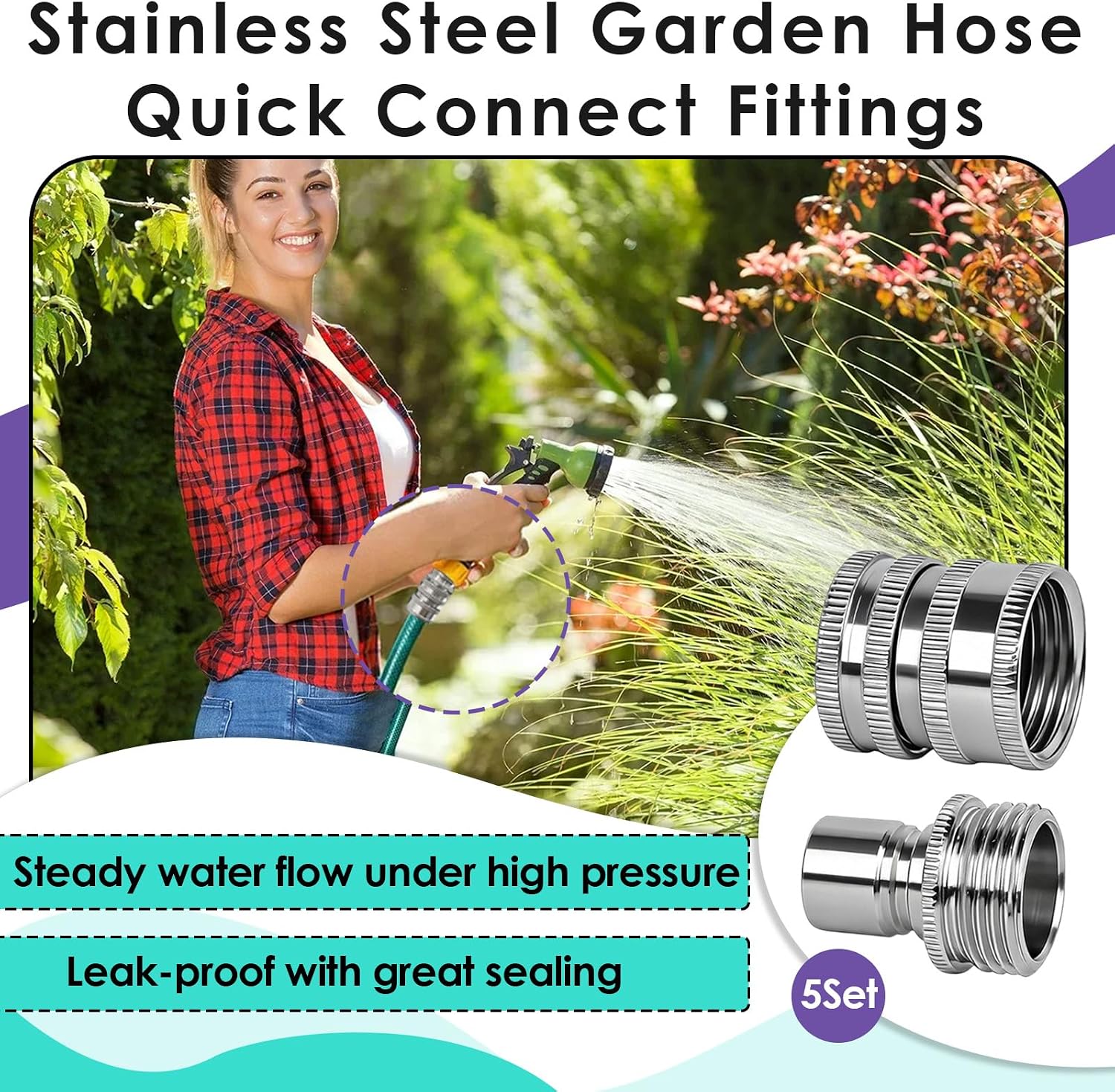 5 Set 3/4 Inch Stainless Steel Garden Hose Quick Connect Fittings Kit | 3/4 Inch GHT Water Hose Fittings, Quick Release