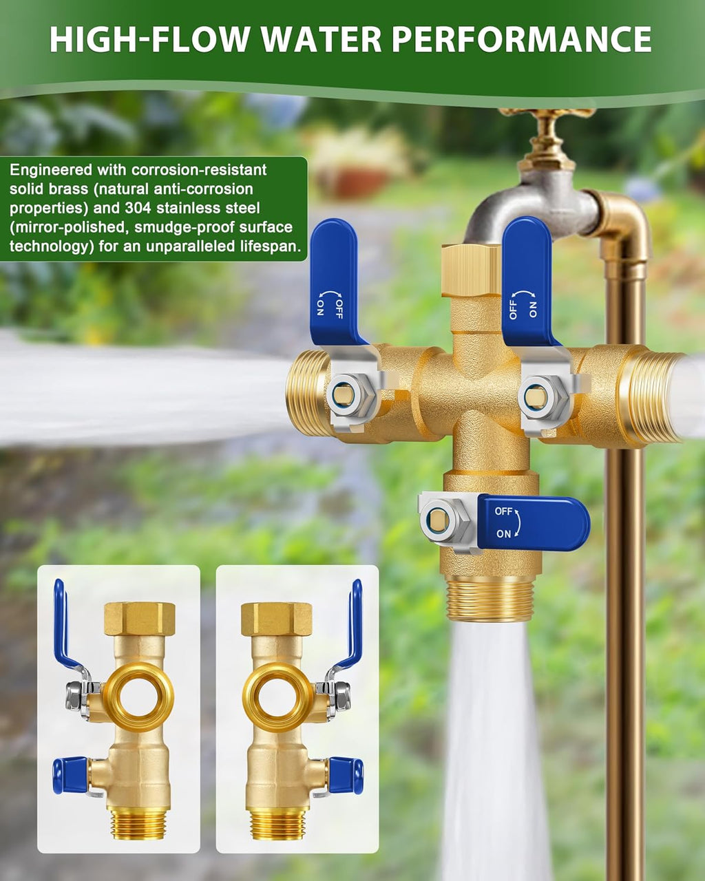 Garden Hose Splitter, 3 Way Heavy Duty Brass hose splitter, Water Hose Bib Spigot Splitter with 0.59" Full Flow Ball