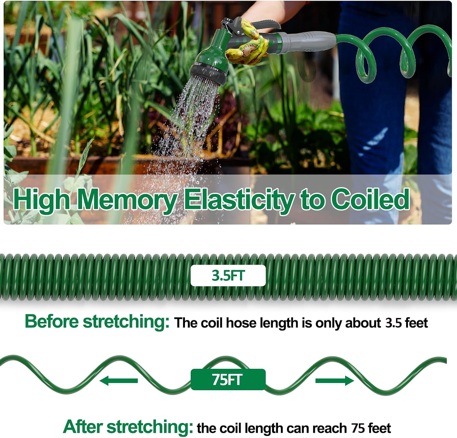SPECILITE 3/8" Lightweight Coil Garden Hose 75 FT, EVA Flexible Water Hose | Curly Pipe with 6-Pattern Spray Nozzle for