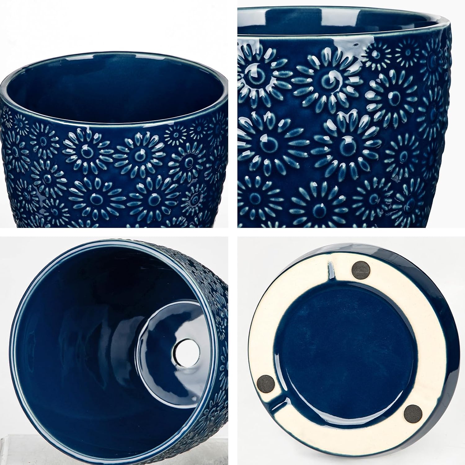Hollyone 6 Inch Blue Ceramic Planter Flower Plant Pot with Drainage Hole and Saucer for Plants Embossed Indoor Outdoor